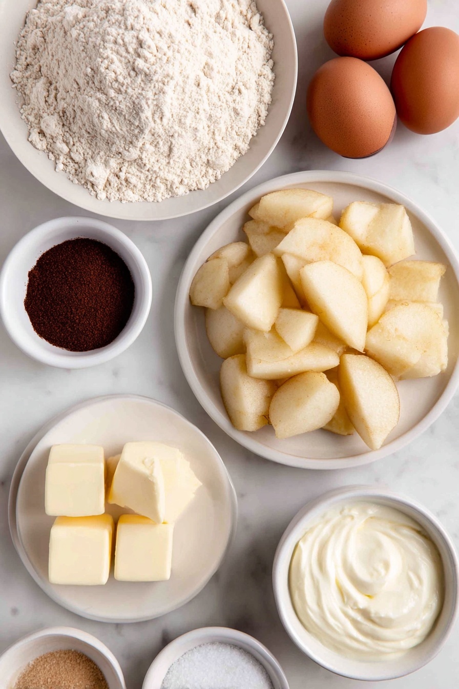 Apple Slab Pie, apple slab pie recipe, fall dessert ideas, easy apple pie, sheet pan apple pie - Flat lay of a large simple white ceramic bowl filled with peeled, cored, and chopped fresh apples in half-inch chunks, a small white bowl of granulated sugar, a small white bowl of cornstarch, a small white bowl containing a spice mix of ground cinnamon, ground nutmeg, ground allspice, and table salt, a few cubes of cold unsalted butter arranged neatly on a plain white ceramic plate, a small white bowl of all-purpose flour, a small white bowl of sugar, a small white bowl of table salt, a whole lemon cut in half nearby with some lemon juice visible on a small white bowl, a few whole brown eggs with clean uncracked shells resting on a white ceramic plate, a small white bowl of heavy cream, and a small white bowl of very cold water, all placed on a clean white marble surface, soft natural light, photo taken with an iPhone, professional food photography style, fresh ingredients, white ceramic bowls, no bottles, no duplicates, no utensils, no packaging --ar 2:3 --v 7 --p m7354615311229779997