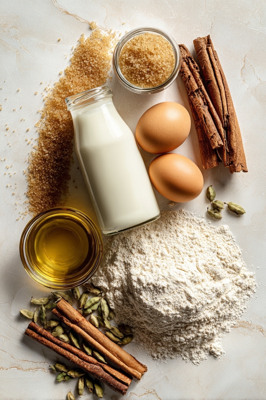 Cinnamon Sugar Doughnuts, homemade cinnamon sugar doughnuts, soft cinnamon doughnuts, easy cinnamon sugar doughnut recipe, best cinnamon doughnuts - Flat lay of fresh whole milk in a small glass bottle with creamy white color, light brown cinnamon sticks with rough texture, golden granulated sugar crystals sparkling softly, smooth pale nutmeg seeds, glossy large light brown egg, plump golden olive oil in a small jar showing richness, pale wheat flour dusted lightly with soft powdery texture, and green cardamom pods with a slightly wrinkled surface, all beautifully arranged in a natural, flowing composition with gentle shadows and warm tones, placed on white marbled surface, photo taken with an iphone --ar 2:3 --v 7