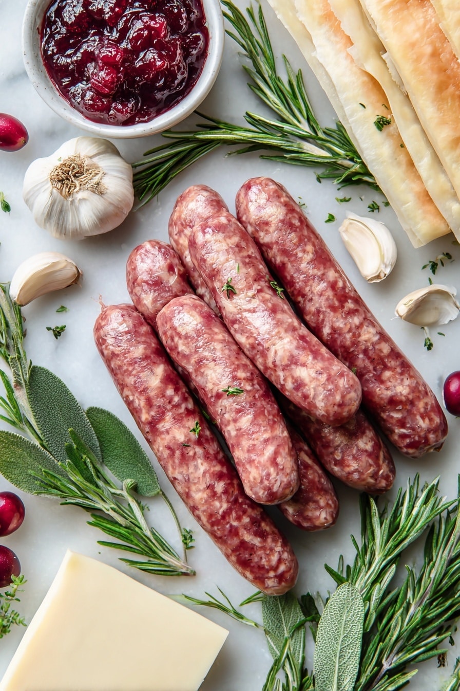 Sausage Cranberry Brie Bites, savory sweet appetizer, easy holiday appetizers, quick party snacks, creamy cheese and sausage bites - Flat lay of fresh Johnsonville Italian sausage links with their rich, slightly marbled texture, whole garlic cloves with papery white skin, vibrant green sprigs of rosemary and sage with delicate leaves, a smooth, creamy block of pale ivory brie cheese with its white rind, bright red jellied cranberry sauce glistening with a glossy finish, and a sheet of frozen puff pastry showing light layers of dough, all naturally arranged in a casual yet balanced layout, placed on white marbled surface, photo taken with an iphone --ar 2:3 --v 7