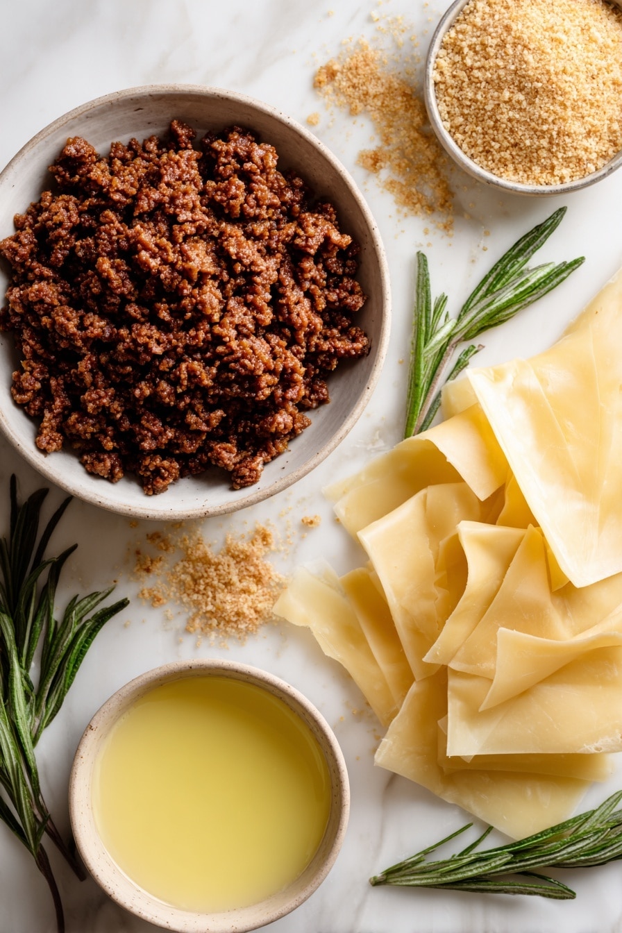 Vegan Sausage Rolls, vegan puff pastry snacks, plant-based sausage rolls, vegan party foods, easy vegan finger foods - Flat lay of fresh, raw vegan sausage crumbles with a rich, meaty texture in deep brown tones, surrounded by golden, flaky sheets of frozen puff pastry gently folded, scattered light beige vegan panko breadcrumbs adding a crumbly texture, and a small pool of smooth, melted vegan butter with a soft yellow hue, all arranged naturally with a few sprigs of green herbs for a pop of color, placed on white marbled surface, photo taken with an iphone --ar 2:3 --v 7