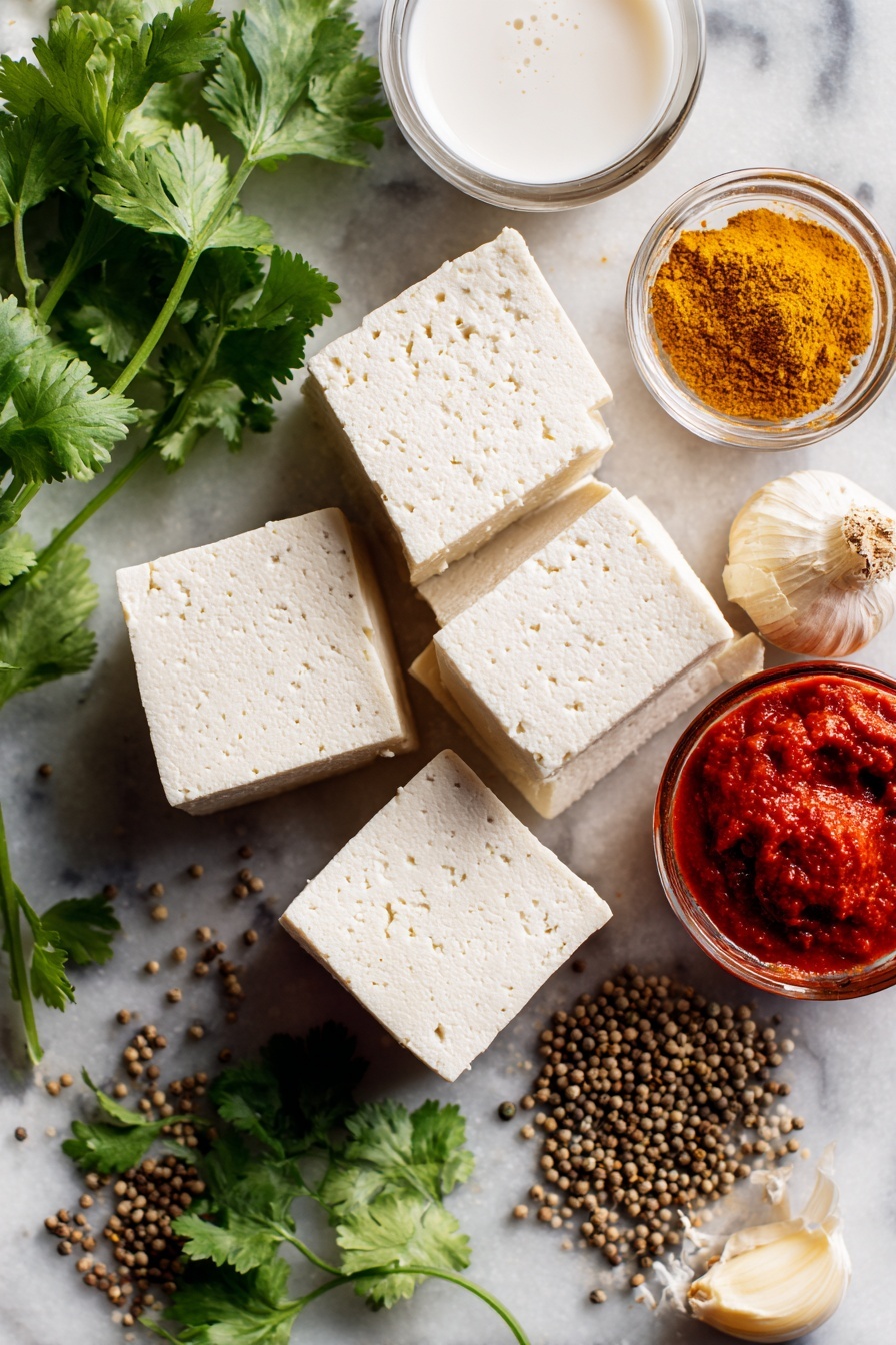 Vegan Butter Chicken, vegan butter chicken recipe, plant-based butter chicken, vegan tofu curry, dairy-free butter chicken - Flat lay of extra-firm tofu blocks with a smooth, creamy white texture beside a small pile of bright yellow garam masala and warm brown curry powder, fresh light beige garlic cloves and a knob of pale yellow grated ginger, a glossy dollop of deep red tomato paste, rich white coconut milk in a small clear container, and a handful of vibrant green chopped cilantro leaves, all naturally arranged with a few scattered whole coriander seeds, placed on white marbled surface, photo taken with an iphone --ar 2:3 --v 7