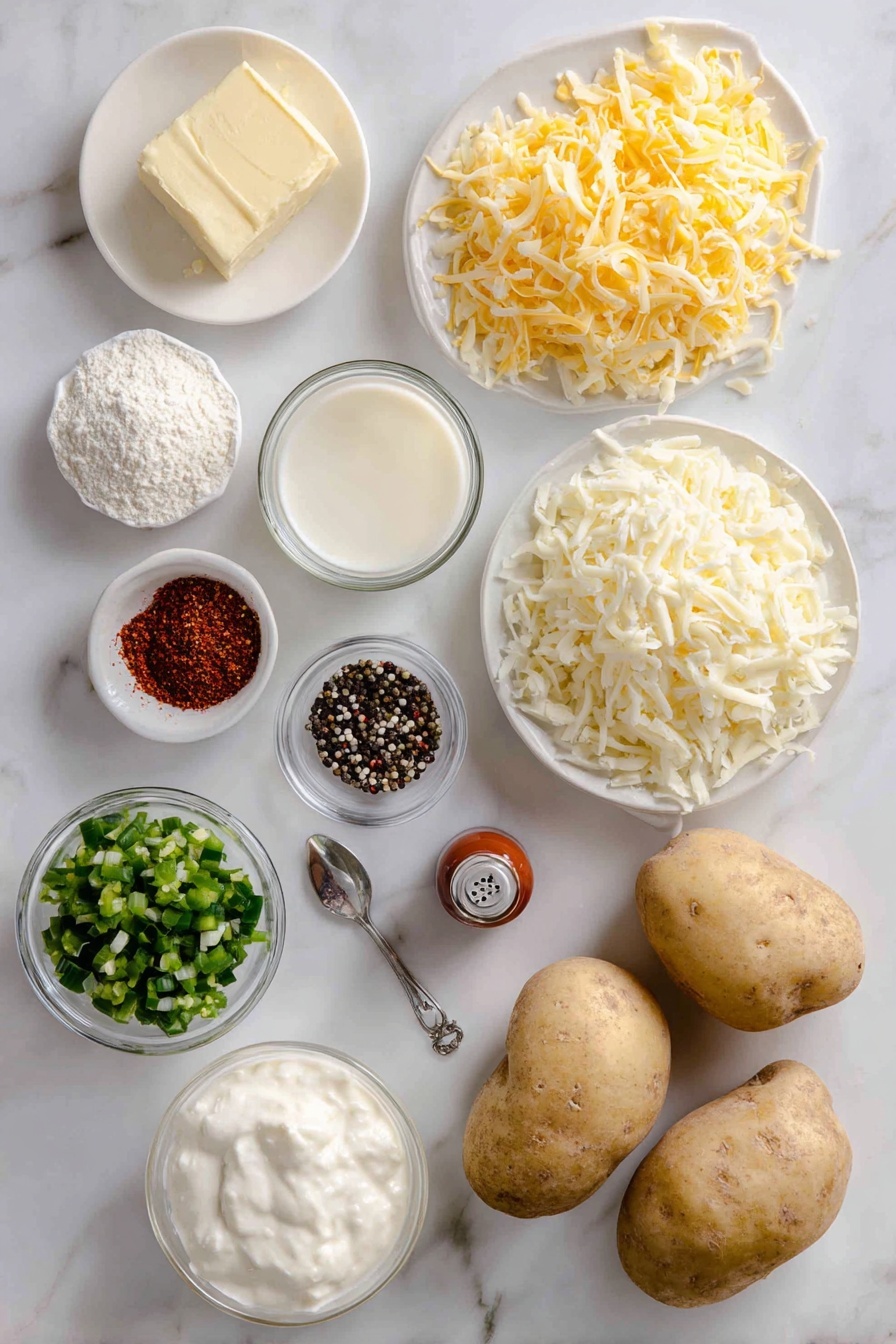 Hobo Casserole, easy comfort food, hearty casserole recipe, weeknight dinner ideas, savory beef casserole - Flat lay of a small pat of salted butter next to one medium white onion finely diced, a small mound of all-purpose flour, a clear glass of chicken broth, a matching glass of heavy cream, a small bowl of sour cream, a modest pile of diced green chiles, a spoonful of garlic powder, a small bottle of hot sauce, scattered black peppercorns and salt crystals, two pounds of raw ground beef shaped loosely, three large russet potatoes peeled with a few thin slices fanned out, and a generous handful of shredded cheddar cheese, all placed on a white marble surface, photo taken with an iphone --ar 2:3 --v 7