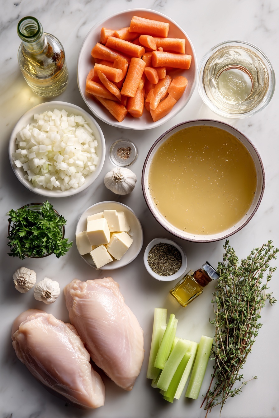 Creamy Chicken Soup, creamy chicken soup recipe, comforting chicken soup, velvety chicken soup, hearty chicken soup - Flat lay of one and a half boneless skinless chicken breasts, a medium white onion diced, a small pile of minced garlic cloves totaling about six, four bright orange carrots cut into bite-sized chunks, four sliced celery ribs, a small mound of all-purpose flour, a small glass with a pale liquid representing cooking wine, a large bowl of golden chicken broth, a bowl of creamy heavy cream, four dried bay leaves, small piles of ground sage, dried rosemary, and dried thyme, a few pats of salted butter, a small bottle of olive oil, and a small bunch of fresh chopped parsley placed on a white marble surface, photo taken with an iphone --ar 2:3 --v 7