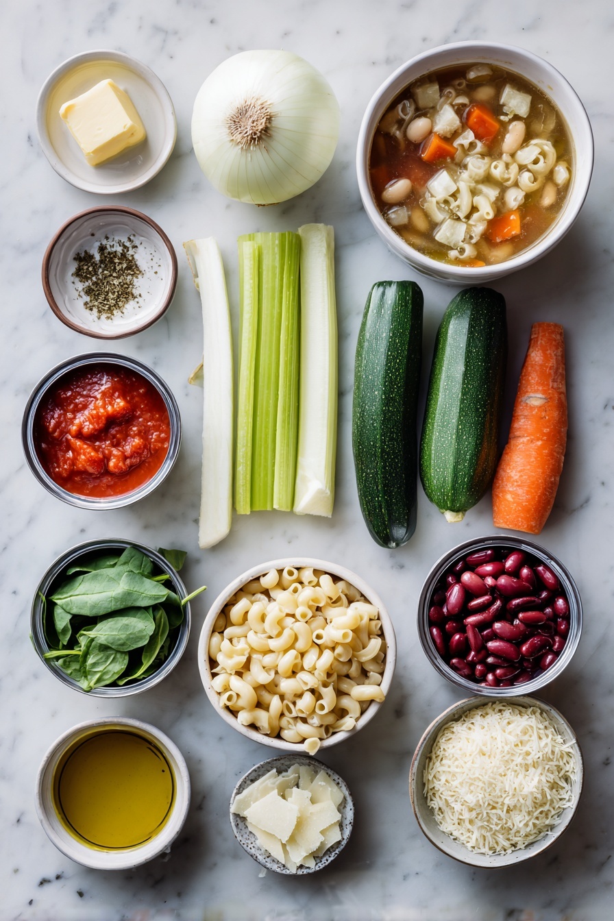 Easy Minestrone Soup, hearty vegetable soup, healthy minestrone recipe, quick vegetarian soup, comforting Italian soup - Flat lay of two tablespoons of salted butter, a small dish of olive oil, one medium white onion whole, three medium celery ribs, four medium carrots, three medium zucchini, a small bowl of minced garlic, an opened can of diced tomatoes with juice, two opened cans of beans—white cannellini and kidney, a large bowl of vegetable broth, small piles of dried basil and oregano, a modest handful of elbow macaroni, a small cup of roughly chopped baby spinach, and a small bowl of grated parmesan cheese placed on a white marble surface, photo taken with an iphone --ar 2:3 --v 7