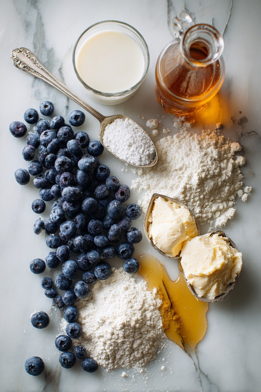 Vegan Blueberry Pancakes, vegan pancake recipe, healthy blueberry pancakes, dairy-free pancakes, fluffy vegan breakfast - Flat lay of fresh blueberries spilling from a small cluster, a glass of creamy unsweetened soy milk, a few rustic scoops of all purpose flour, golden melted vegan butter glistening in a small puddle, a bottle of amber apple cider vinegar with a slight sheen, a sprinkle of granulated sugar crystals casting tiny sparkles, and a light dusting of baking powder powdery white piles arranged neatly, all placed on a white marble surface, photo taken with an iphone --ar 2:3 --v 7