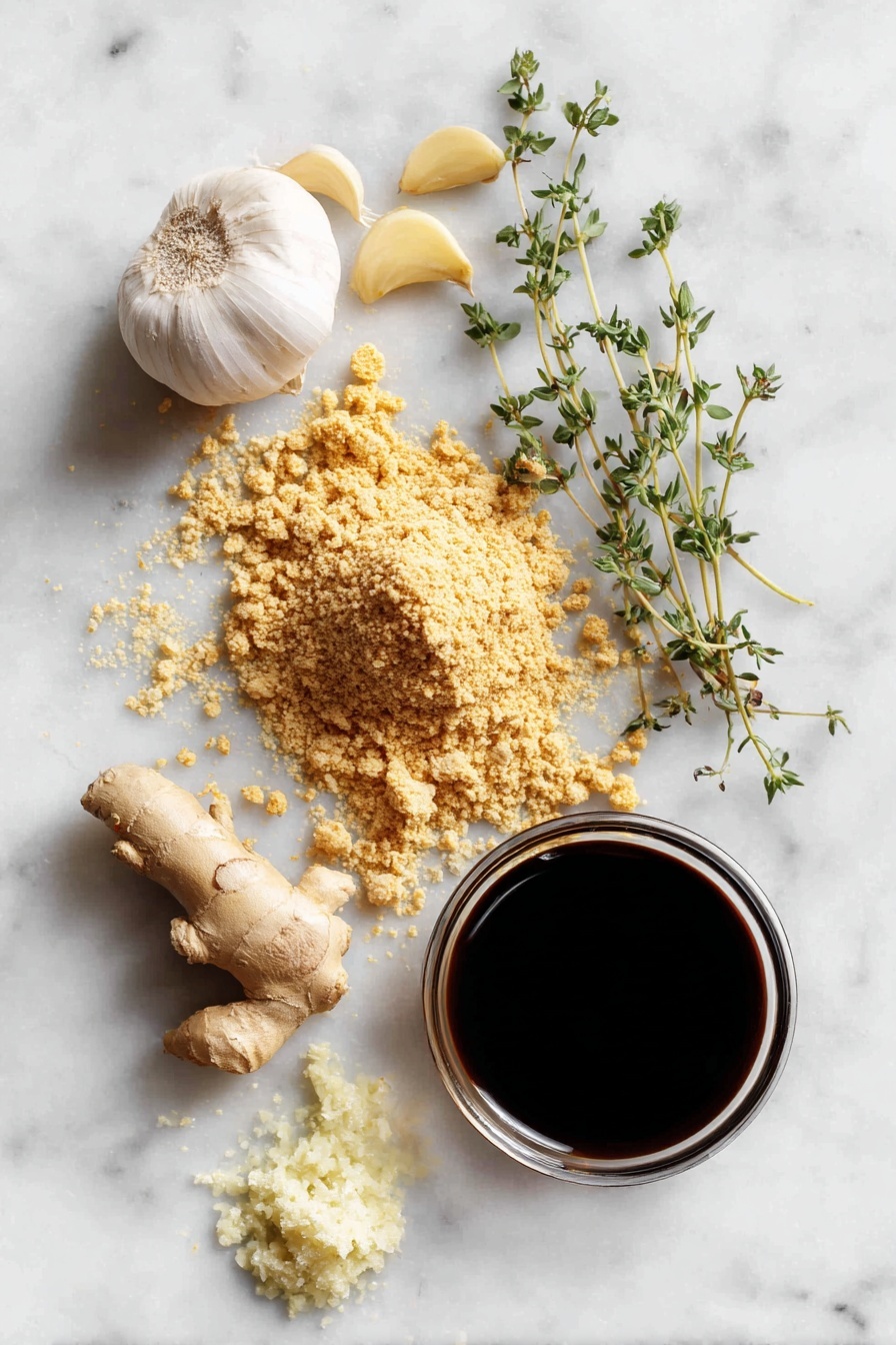 Honey Ginger Seitan with Crispy Pan-Fried Coating, plant-based seitan recipes, vegan crispy seitan, Japanese-inspired vegan dishes, healthy plant protein dishes - Flat lay of vital wheat gluten in a small mound, golden nutritional yeast flakes, bright fresh garlic cloves, a small pile of grated fresh ginger, a glossy pool of dark soy sauce, light golden agave syrup, dried thyme sprigs, and a few scattered chickpea flour grains, all beautifully arranged on a white marble surface, photo taken with an iphone --ar 2:3 --v 7