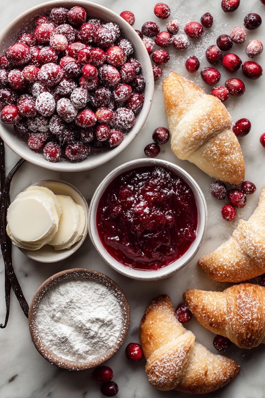 Cranberry Cheesecake Rolls, cranberry cheesecake dessert, crescent roll dessert, easy cranberry pastry, holiday breakfast treats - Flat lay of fresh whole berry cranberries glistening with deep red hues, smooth blocks of cream cheese softly textured and creamy white, delicate crescent roll dough triangles slightly dusted with powdered sugar, small piles of fine white powdered sugar, a vanilla bean pod for visual interest, and a small bowl of rich red cranberry sauce, all beautifully arranged with a pinch of coarse sugar crystals scattered lightly around, placed on a white marble surface, photo taken with an iphone --ar 2:3 --v 7