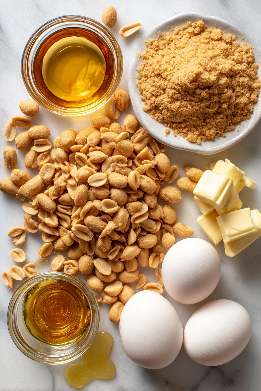 Virginia Peanut Pie, peanut pie, Southern dessert, easy peanut pie recipe, nutty pie - Flat lay of whole roasted salted peanuts piled next to roughly crushed peanut pieces, a small glass jar of light golden corn syrup shimmering in the light, a heap of packed light brown sugar with a soft, sandy texture, three large fresh eggs with smooth shells, a small puddle of melted pale yellow unsalted butter, and a clear glass bottle of rich vanilla extract with its deep amber color, all beautifully arranged on a white marble surface, photo taken with an iphone --ar 2:3 --v 7