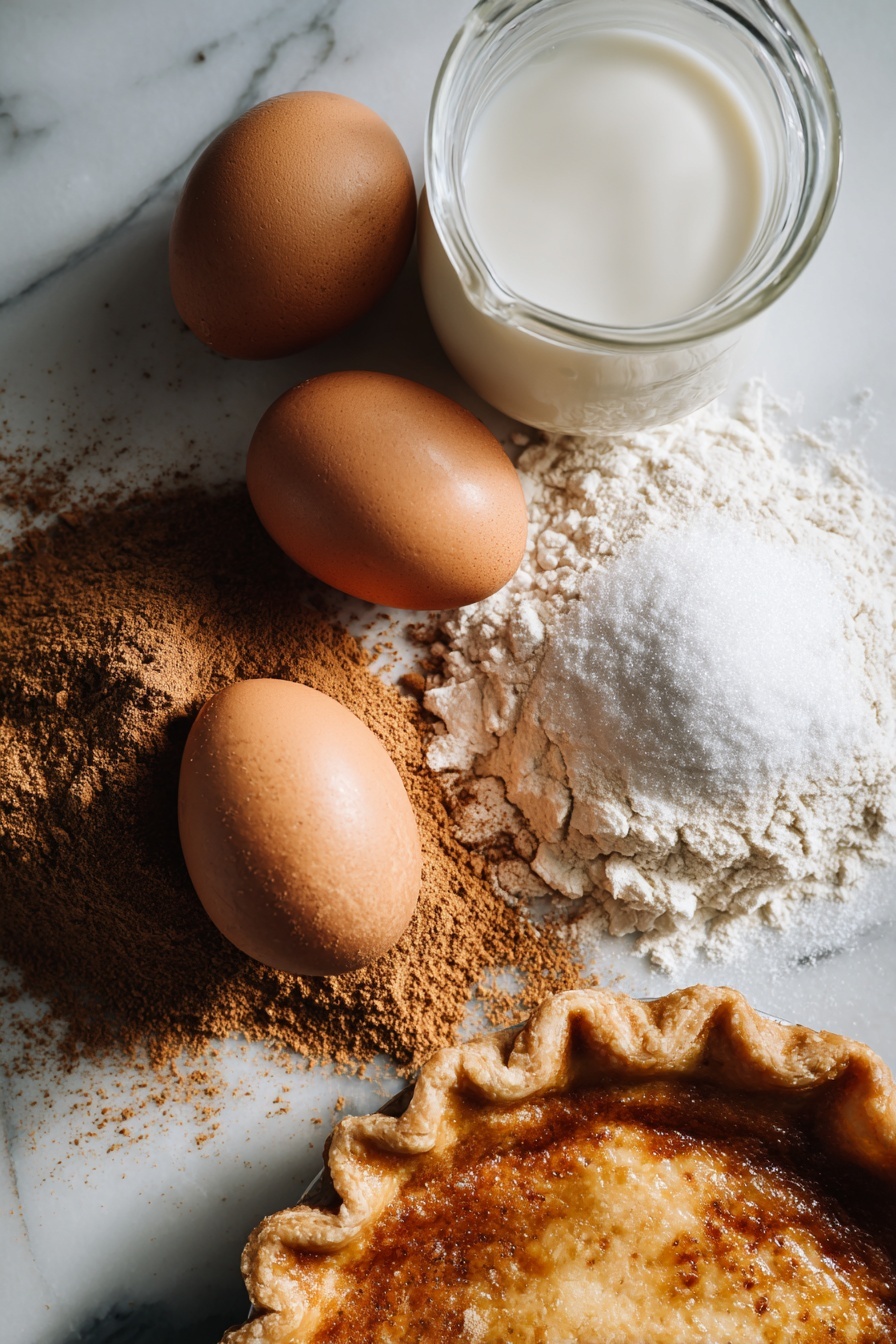 Bob Andy Pie, Bob Andy Pie recipe, comfort dessert recipes, nostalgic pie ideas, easy custard pie - Flat lay of three large fresh eggs with smooth brown shells, a glass jug of creamy whole milk, a small mound of granulated white sugar sparkling under the light, a heap of fine all-purpose flour dusted softly, warm brown ground cinnamon sprinkled artfully, a small pile of golden nutmeg powder, and a rolled-out unbaked pie crust showing its golden, flaky texture, all beautifully arranged with space between them and gentle natural lighting, placed on a white marble surface, photo taken with an iphone --ar 2:3 --v 7