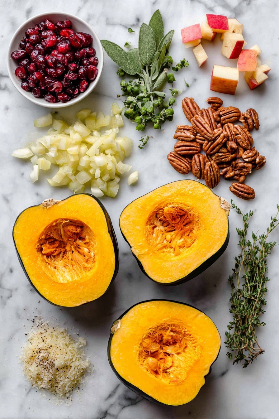 Stuffed Acorn Squash with Turkey, Apples and Cranberries, Fall stuffed squash recipes, Healthy stuffed acorn squash dinner, Cozy autumn squash recipe - Flat lay of two acorn squash halved with vibrant orange flesh, a handful of chopped green fresh sage leaves, sprigs of thyme with tiny green leaves, a small pile of chopped yellow onion, two peeled garlic cloves, diced red apple pieces, a scattering of bright red dried cranberries, a cluster of chopped brown pecans, and a small mound of grated pale parmesan cheese, all beautifully arranged on a white marble surface, photo taken with an iphone --ar 2:3 --v 7