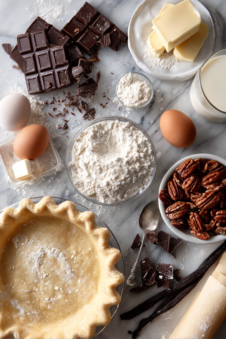 Colonial Innkeeper's Pie, chocolate pie recipes, vintage dessert recipes, nostalgic pie desserts, easy homemade pie recipes - Flat lay of whole unsweetened chocolate pieces, chopped pecans, a stick of softened butter, granulated sugar crystals, a fresh large egg, a small glass of whole milk, vanilla beans and a rolled unbaked pie crust, beautifully arranged with a small pile of sifted all-purpose flour and a teaspoon of baking powder placed on a white marble surface, photo taken with an iphone --ar 2:3 --v 7