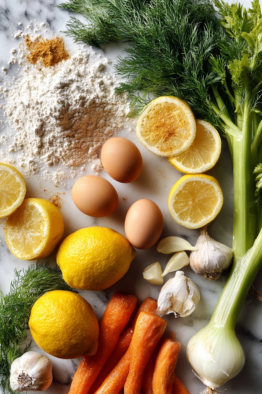 Lemon Chicken & Spaetzle Soup, lemon chicken soup, spaetzle soup recipes, bright creamy chicken soup, cozy lemon chicken dish - Flat lay of bright yellow lemons sliced in halves and wedges, fresh green dill sprigs with delicate feathery leaves, whole white onions and peeled garlic cloves, crisp orange carrots and celery stalks chopped into small pieces, smooth brown eggs cracked open showing rich yolks, and a mound of pale creamy all-purpose flour dusted with a pinch of nutmeg powder, all beautifully arranged to show vibrant colors and fresh textures, placed on a white marble surface, photo taken with an iphone --ar 2:3 --v 7