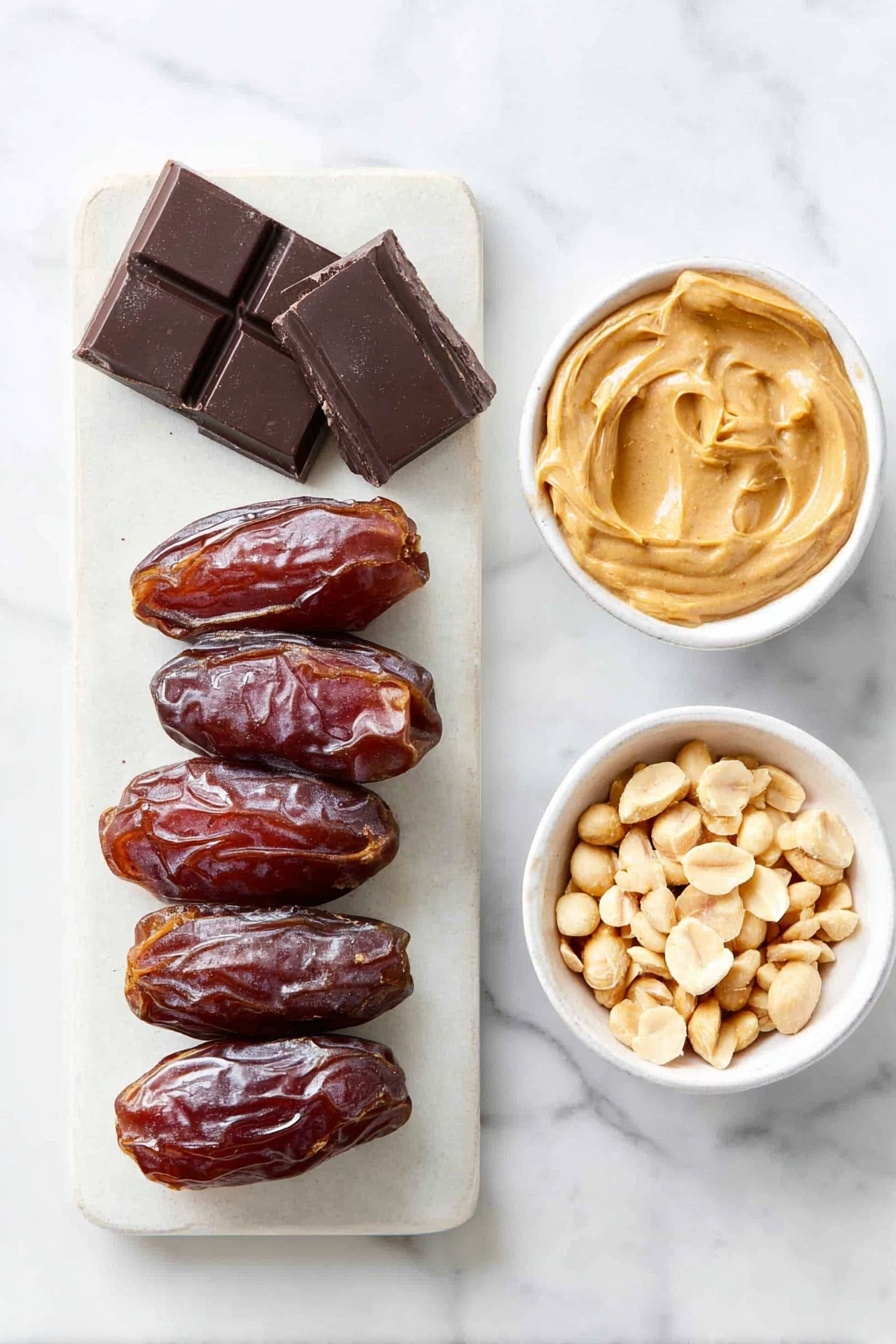 Date Snickers, healthy date snickers, homemade candy bars, no-bake snack, best date snickers recipe - Flat lay of a neat row of whole plump Medjool dates with glossy skins, a small white ceramic bowl filled with creamy peanut butter, another small white bowl holding roughly chopped roasted peanuts, and a simple white plate showcasing a dark chocolate bar broken into uneven chunks, all arranged with perfect symmetry and balanced proportions, placed on a clean white marble surface, soft natural light, photo taken with an iPhone, professional food photography style, fresh ingredients, white ceramic bowls, no bottles, no duplicates, no utensils, no packaging --ar 2:3 --v 7 --p awthu7i m7354615311229779997
