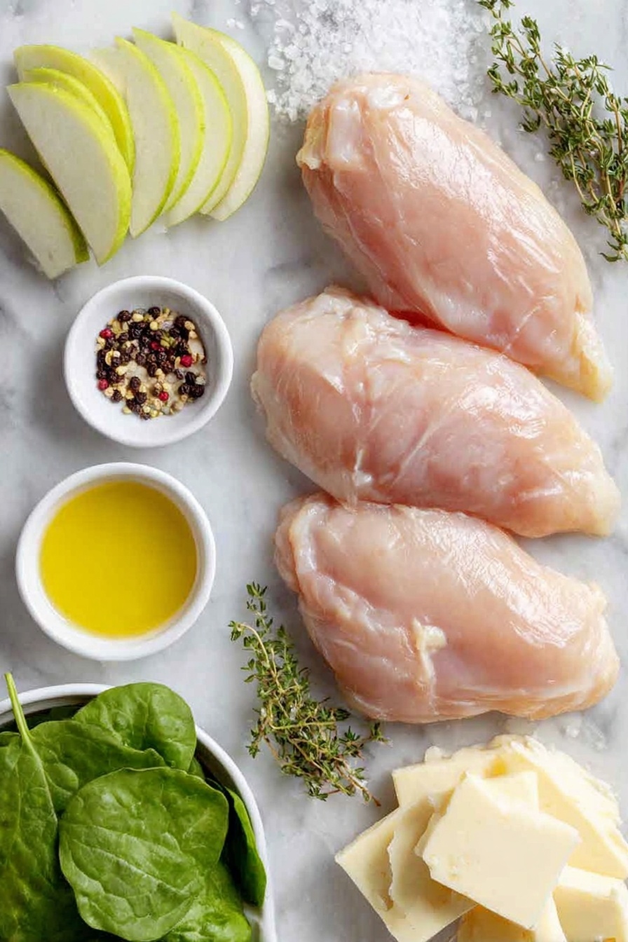 Apple and Brie Stuffed Chicken, stuffed chicken breast recipes, easy chicken breast dinner, elegant chicken dinner ideas, flavorful stuffed chicken - Flat lay of four raw boneless skinless chicken breasts with smooth pale pink flesh, a small heap of coarse kosher salt crystals, a few whole black peppercorns, fresh green thyme sprigs, a small handful of vibrant baby spinach leaves, thinly sliced pale green apple arranged neatly, creamy white wedges of Brie cheese with soft rind, two small white bowls containing glossy Dijon mustard and coarse ground mustard seeds, and a small white bowl with golden extra-virgin olive oil, all placed on a clean white marble surface, soft natural light, photo taken with an iPhone, professional food photography style, fresh ingredients, white ceramic bowls, no bottles, no duplicates, no utensils, no packaging --ar 2:3 --v 7 --p awthu7i m7354615311229779997