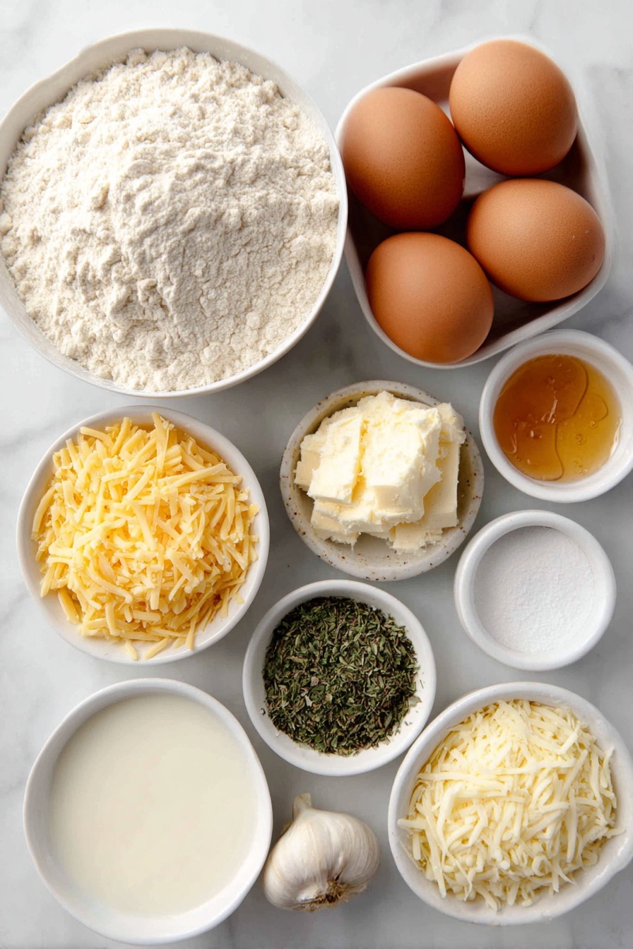 Garlic Herb Cheddar Cheese Bread, cheesy garlic bread recipe, savory bread with herbs and cheddar, homemade cheesy herbed bread, easy garlic cheese bread - Flat lay of a small white ceramic bowl of warm whole milk, a small white ceramic bowl of golden honey, three whole large brown eggs with clean shells, a small heap of all-purpose flour dusted lightly nearby, a teaspoon of coarse kosher salt in a small white ceramic bowl, a small white ceramic bowl of crumbled active dry yeast, a small pile of shredded bright orange cheddar cheese, a small pile of shredded creamy white mozzarella cheese, a small white ceramic bowl of finely grated pale parmesan cheese, a small white ceramic bowl filled with a mix of fresh chopped Italian herbs including sage, oregano, basil, and thyme, and two whole fresh garlic cloves alongside a small white ceramic bowl containing freshly grated garlic, all arranged symmetrically and balanced, placed on a clean white marble surface, soft natural light, photo taken with an iPhone, professional food photography style, fresh ingredients, white ceramic bowls, no bottles, no duplicates, no utensils, no packaging --ar 2:3 --v 7 --p awthu7i m7354615311229779997