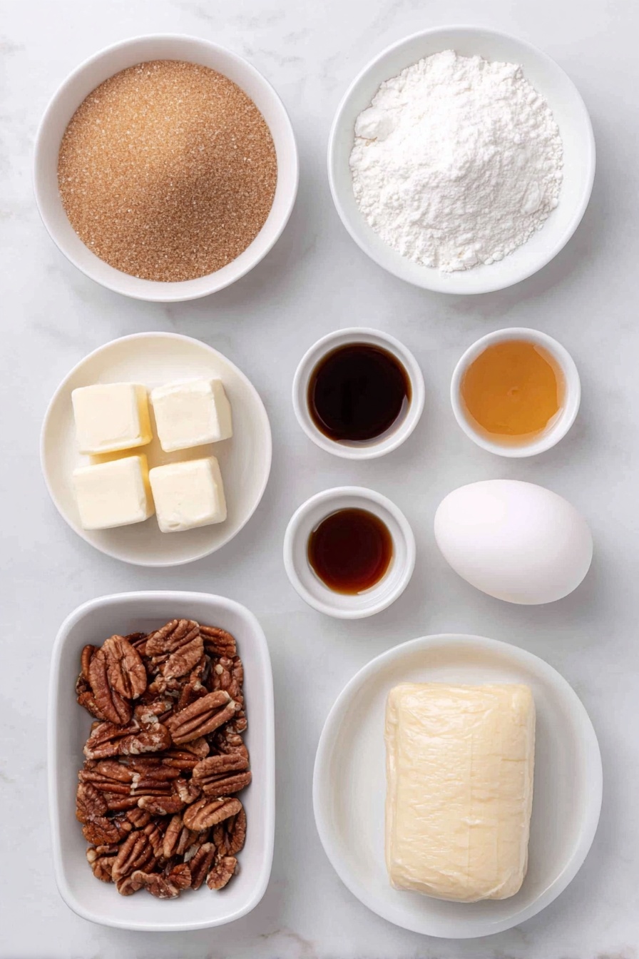 Maple Pecan Pastry Braid, Maple Pecan Breakfast Pastry, Nutty Maple Braid, Easy Pastry Braid Recipe, Sweet Breakfast Pastry - Flat lay of a small mound of light brown sugar, a few chunks of salted butter, a small white bowl with pure maple syrup, a small white bowl with vanilla extract, a small white bowl with ground cinnamon, a white ceramic plate holding chopped pecans, a sheet of thawed puff pastry on a simple white ceramic tray, one large whole egg with a clean shell, a small white bowl with a splash of water, a small white bowl with powdered sugar, placed on a clean white marble surface, soft natural light, photo taken with an iPhone, professional food photography style, fresh ingredients, white ceramic bowls, no bottles, no duplicates, no utensils, no packaging --ar 2:3 --v 7 --p awthu7i m7354615311229779997