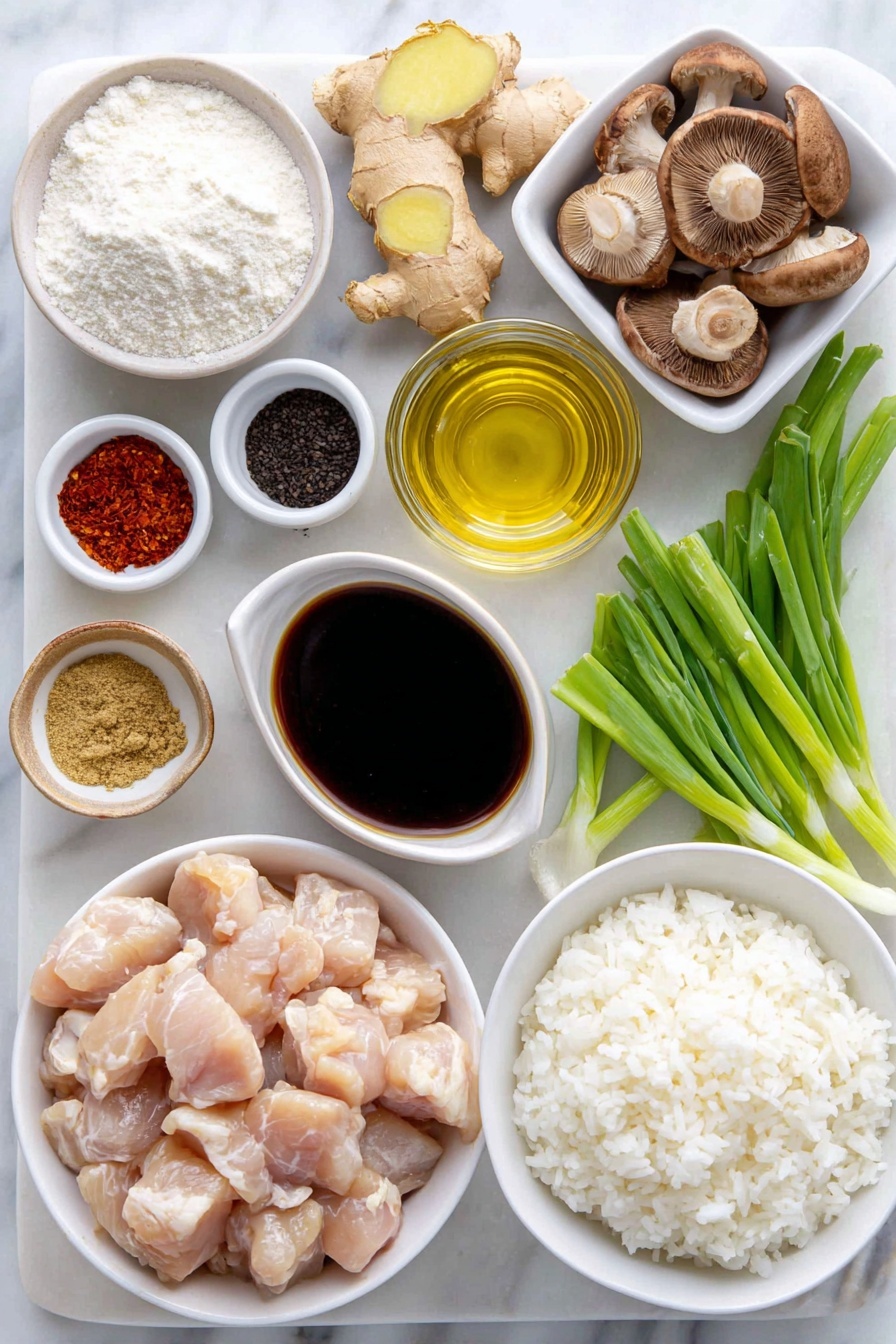 Black Pepper Mushroom Chicken Stir Fry, easy stir fry recipes, healthy chicken stir fry, mushroom chicken dinner, quick Asian stir fry - Flat lay of boneless skinless chicken thighs cut into cubes, a small bowl of cornstarch, a small white bowl with low-sodium soy sauce, a few coarse black peppercorns and ground black pepper, a few fresh shiitake, oyster, cremini, and button mushrooms thinly sliced, a small bunch of green onions cut into 1-inch pieces, three whole garlic cloves unpeeled, a small piece of fresh ginger root with grated portion visible, a small white bowl of light brown sugar, a small white bowl of oyster sauce, a small white bowl of sesame oil, a small white bowl of rice wine vinegar, a few scattered coarse kosher salt crystals, and a simple mound of steamed white rice on a white ceramic plate placed on a clean white marble surface, soft natural light, photo taken with an iPhone, professional food photography style, fresh ingredients, white ceramic bowls, no bottles, no duplicates, no utensils, no packaging --ar 2:3 --v 7 --p awthu7i m7354615311229779997