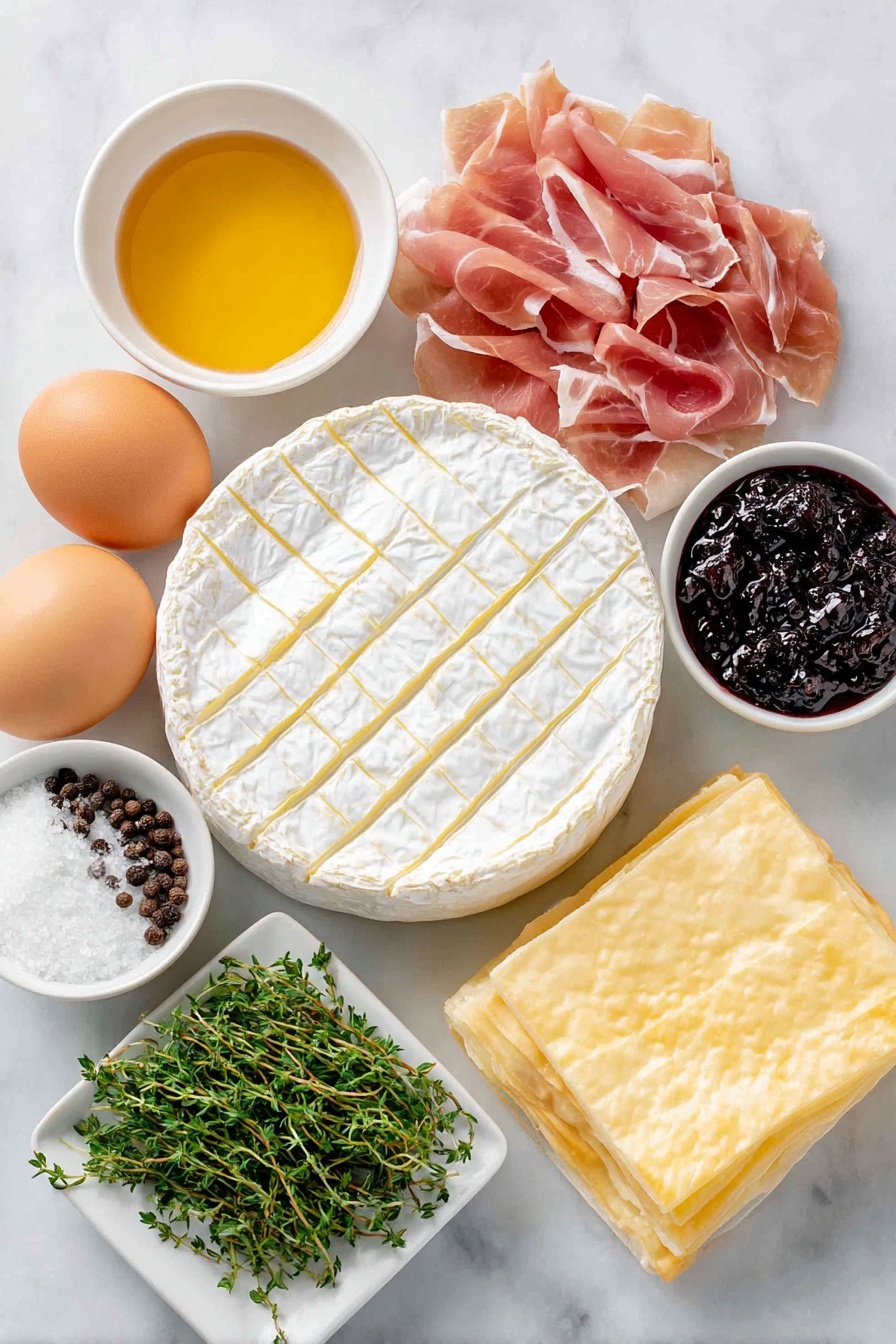 Prosciutto Baked Brie in Puff Pastry, baked brie appetizer, prosciutto cheese puff pastry, elegant puff pastry appetizer, easy party appetizers - Flat lay of a whole wheel of brie cheese with a crosshatch cut on top, a few thin slices of pink prosciutto arranged neatly, a small white bowl of golden honey, a small white bowl of dark fig preserves, a small pile of fresh green thyme leaves, a few twists of freshly cracked black peppercorns, one whole uncracked brown egg, a white ceramic square plate holding a sheet of thawed puff pastry, and a small white bowl of coarse sparkling sugar, all placed on a clean white marble surface, soft natural light, photo taken with an iPhone, professional food photography style, fresh ingredients, white ceramic bowls, no bottles, no duplicates, no utensils, no packaging --ar 2:3 --v 7 --p awthu7i m7354615311229779997