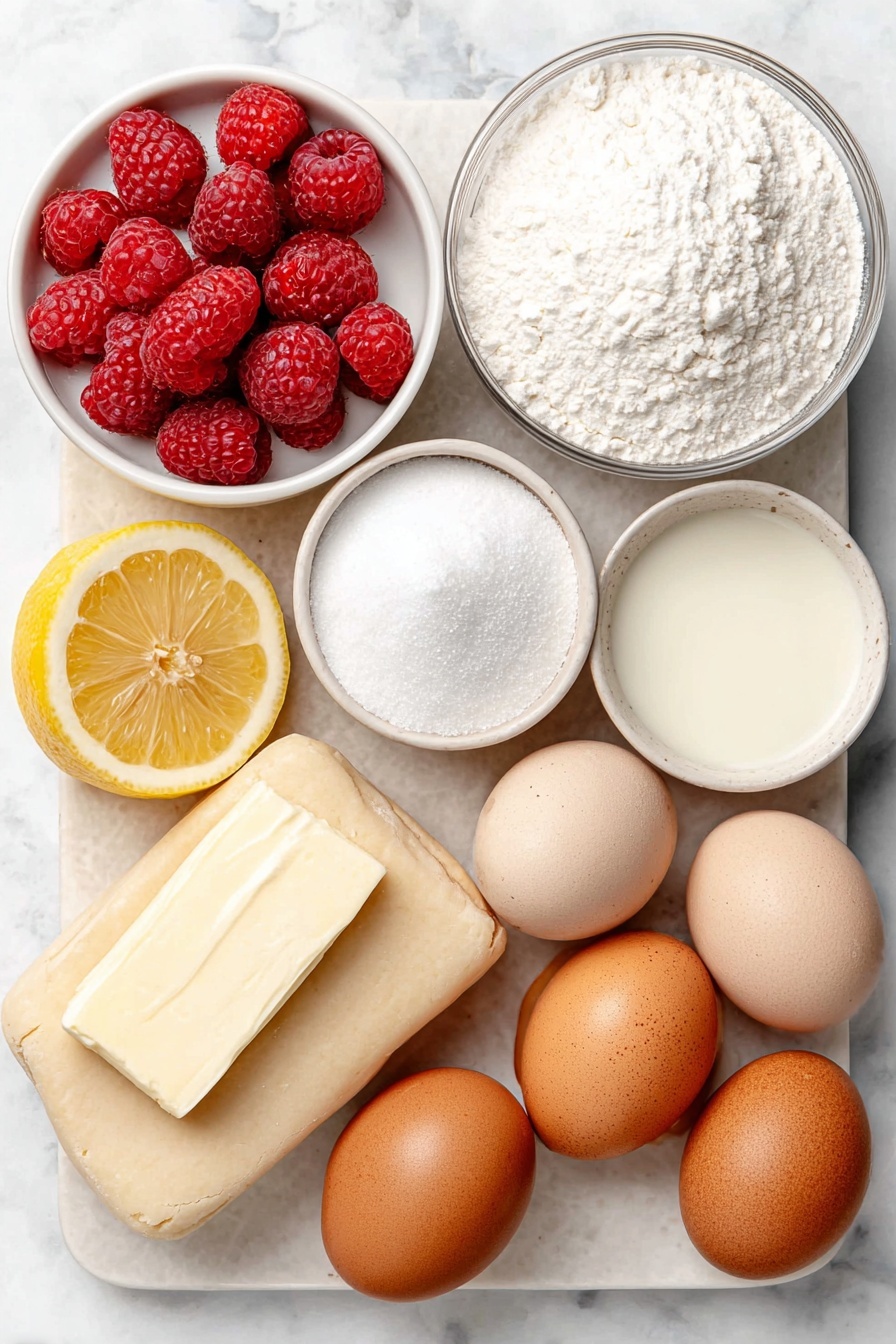 Raspberry Pop Tarts with Vanilla Icing, homemade raspberry pop tarts, flaky fruit-filled breakfast pastry, easy homemade pop tarts, vanilla icing for pastries - Flat lay of fresh red raspberries scattered beside a simple white ceramic bowl filled with fine granulated sugar, a small white bowl containing translucent corn starch powder, a fresh lemon wedge with visible juice droplets, a single large brown egg with a clean uncracked shell, a small white bowl of smooth powdered sugar, another small white bowl filled with creamy milk, a tiny white bowl with a pale vanilla bean pod resting inside, and a delicate jar of red round sprinkles, all arranged symmetrically on a flat white ceramic plate alongside two pale rectangles of chilled pie crust dough, placed on a clean white marble surface, soft natural light, photo taken with an iPhone, professional food photography style, fresh ingredients, white ceramic bowls, no bottles, no duplicates, no utensils, no packaging --ar 2:3 --v 7 --p awthu7i m7354615311229779997