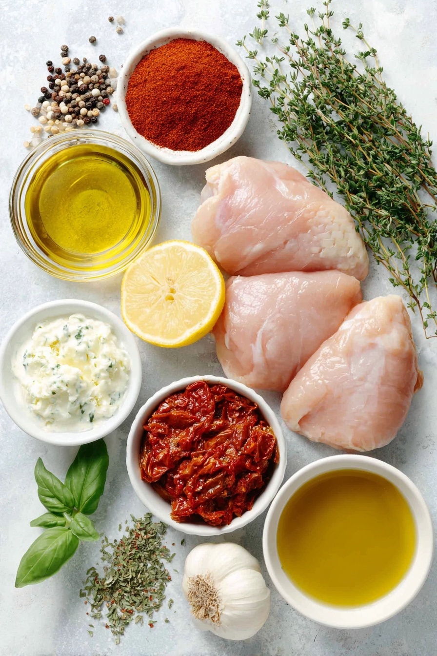 One-Pan Tzatziki Chicken and Orzo, Tzatziki Chicken with Orzo, Easy Greek Chicken Skillet, Weeknight Chicken Dinner, Simple One-Pan Chicken Recipe - Flat lay of extra virgin olive oil in a small white ceramic bowl, vibrant red tomato paste in a small white bowl, a small pile of smoked paprika powder, six peeled garlic cloves, a whole fresh lemon with zest and two lemon wedges, a small pinch of red chili flakes on white ceramic dish, kosher salt and black peppercorns scattered next to each other, two plump boneless raw chicken thighs, a small pat of salted butter, a few fresh thyme sprigs, dry orzo pasta scattered neatly, chopped oil-packed sun-dried tomatoes in a small white bowl, a small white bowl filled with golden chicken broth, mixed fresh herbs including basil and thyme, and a small white bowl containing creamy tzatziki sauce, all arranged symmetrically with realistic proportions on a clean white marble surface, soft natural light, photo taken with an iPhone, professional food photography style, fresh ingredients, white ceramic bowls, no bottles, no duplicates, no utensils, no packaging --ar 2:3 --v 7 --p m7354615311229779997