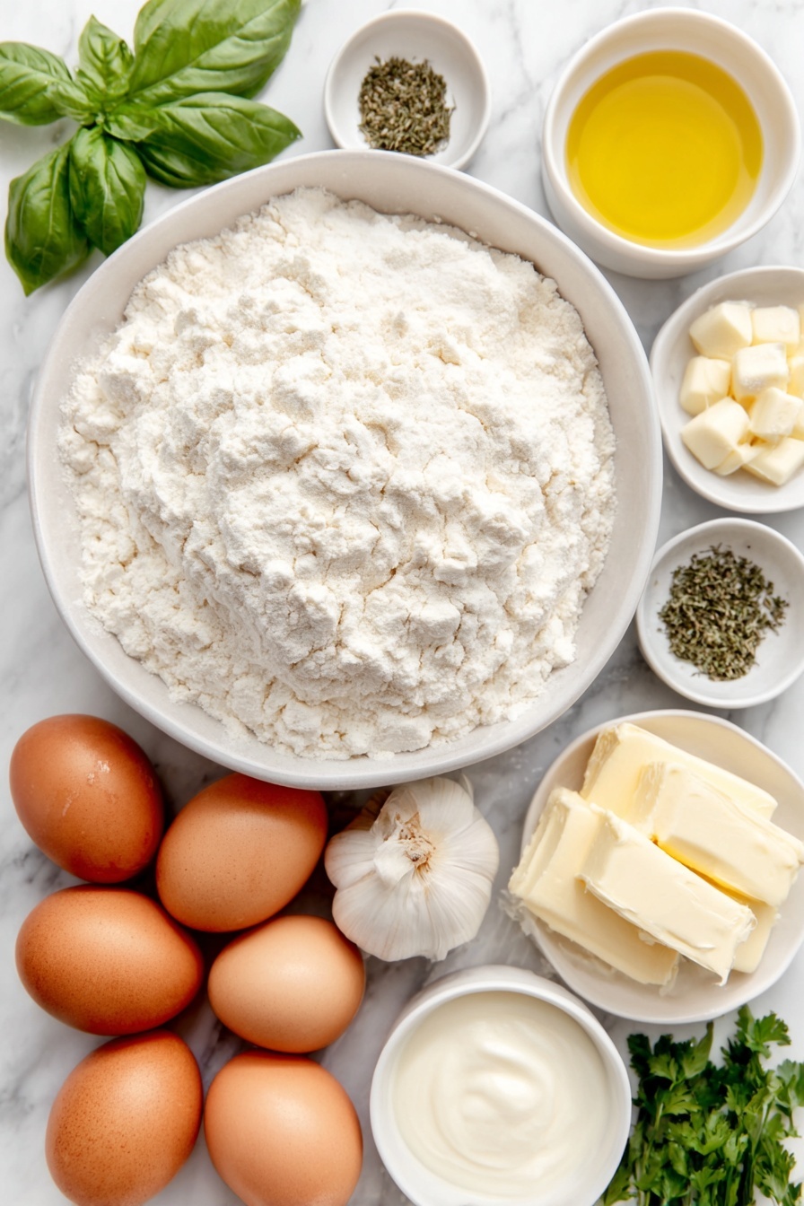 Vegan Garlic Herb Bread, vegan garlic bread, herb bread recipe, easy vegan bread, plant-based garlic bread - Flat lay of a small mound of strong white bread flour, a large white ceramic bowl filled with lukewarm water, three whole brown eggs with clean shells, a small white bowl of golden olive oil, a small white bowl of creamy unsweetened almond milk, a small white bowl of softened vegan butter, eight fresh whole garlic cloves, a small white bowl with dried parsley, a small white bowl with dried thyme, a handful of fresh coriander sprigs, and a handful of fresh basil leaves, all arranged in perfect symmetry and natural proportions, placed on a clean white marble surface, soft natural light, photo taken with an iPhone, professional food photography style, fresh ingredients, white ceramic bowls, no bottles, no duplicates, no utensils, no packaging --ar 2:3 --v 7 --p m7354615311229779997