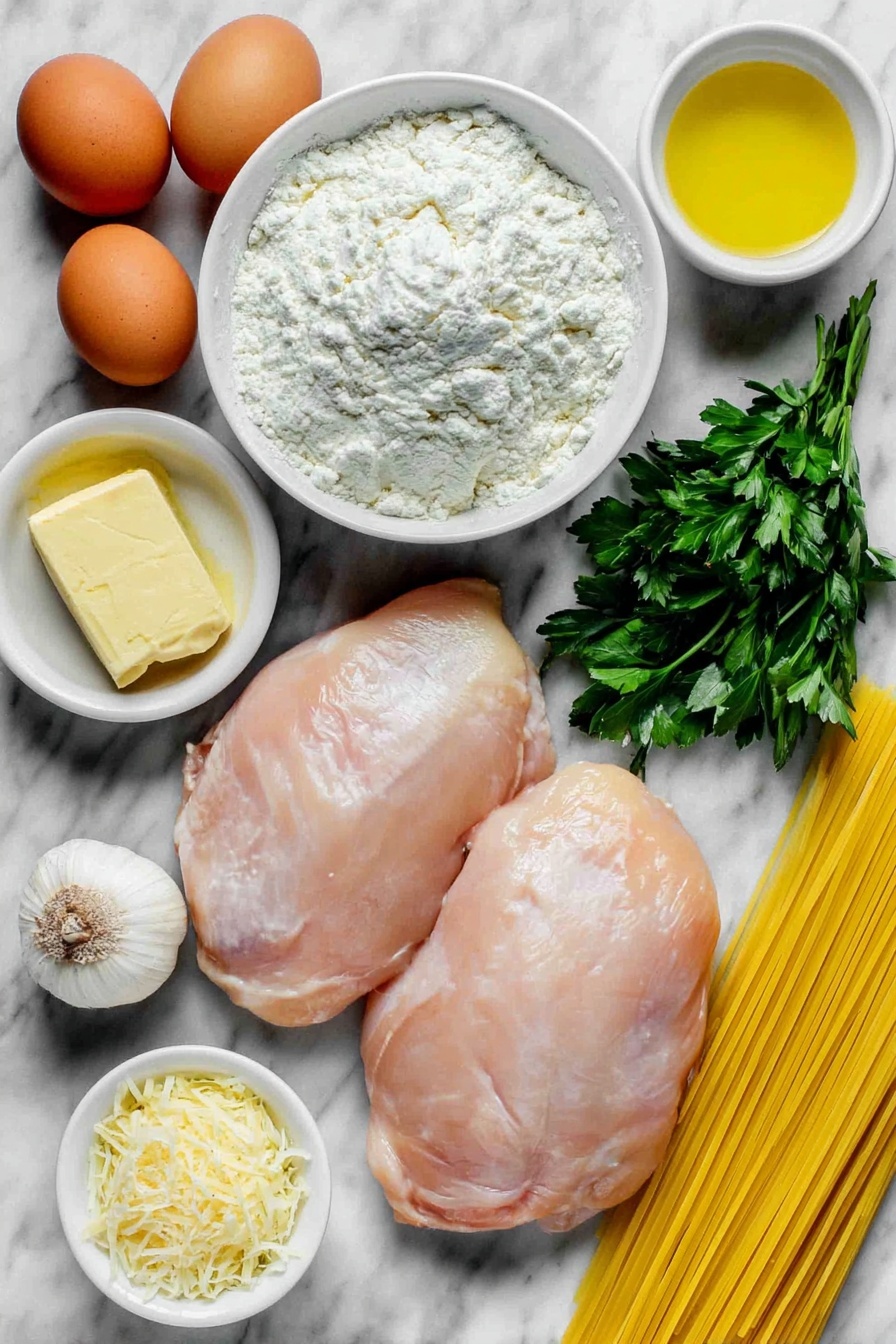 Creamy Lemon Chicken Breasts, easy lemon chicken recipe, quick chicken dinner, flavorful chicken with lemon sauce, healthy chicken recipes - Flat lay of two large raw chicken breasts with smooth pale pink skin, a small mound of all-purpose flour in a white ceramic bowl, a few whole uncracked brown eggs, a small white bowl with a pat of unsalted butter, one garlic bulb with two separated peeled cloves, a small white bowl filled with golden yellow lemon juice, a small bunch of fresh parsley sprigs, a small white bowl of heavy cream, a small white bowl of finely grated pale yellow parmesan cheese, a few strands of uncooked linguine pasta neatly aligned, and a small white bowl of chicken broth with a light golden hue, placed on a clean white marble surface, soft natural light, photo taken with an iPhone, professional food photography style, fresh ingredients, white ceramic bowls, no bottles, no duplicates, no utensils, no packaging --ar 2:3 --v 7 --p m7354615311229779997