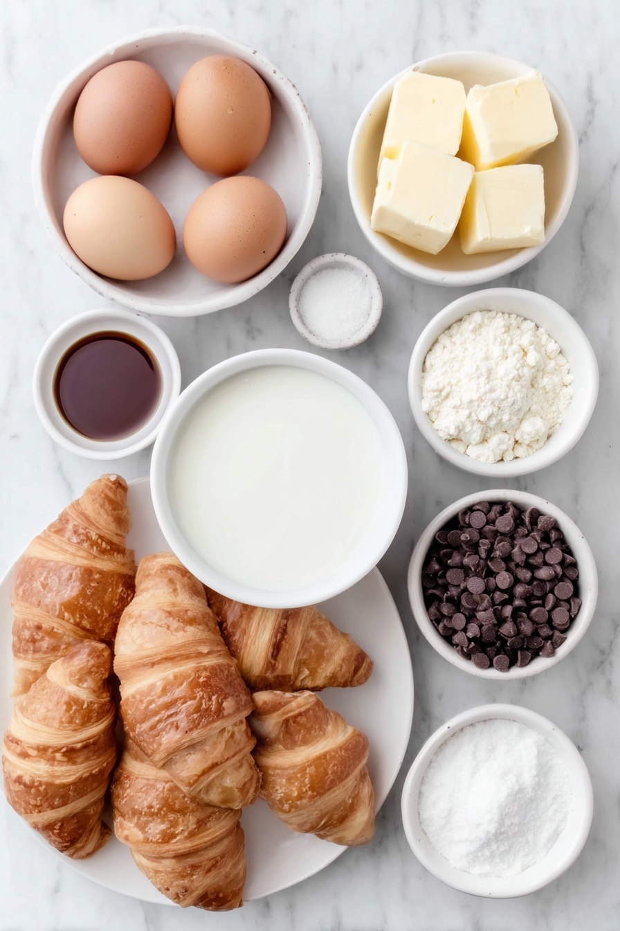 Chocolate Croissant Breakfast Bake, chocolate croissant casserole, indulgent breakfast bake, easy weekend breakfast recipe, chocolate breakfast casserole - Flat lay of six whole uncracked brown eggs, a small white ceramic bowl of whole milk, a small white ceramic bowl of heavy cream, a small white ceramic bowl of granulated sugar, a small white ceramic bowl of vanilla extract, a small white ceramic bowl of salt, six fresh golden croissants torn into 1-inch cubes arranged neatly on a simple white ceramic plate, and a small white ceramic bowl of glossy semi-sweet chocolate chips, placed on a clean white marble surface, soft natural light, photo taken with an iPhone, professional food photography style, fresh ingredients, white ceramic bowls, no bottles, no duplicates, no utensils, no packaging --ar 2:3 --v 7 --p m7354615311229779997