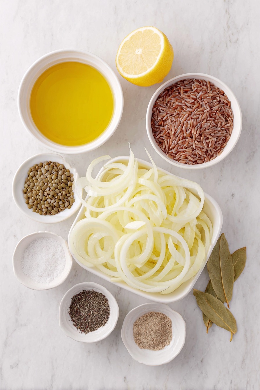 Mujadara Lentil and Rice, Lentil and Rice dish, Middle Eastern Lentil Recipe, Comfort Food with Lentils, Caramelized Onion Lentils - Flat lay of five medium yellow onions sliced into rings, a small white ceramic bowl of green lentils, a small white ceramic bowl of brown rice grains, two dried bay leaves, a small white ceramic bowl of olive oil, a small white ceramic bowl of ground cumin powder, a small white ceramic bowl of coarse black pepper, a small white ceramic bowl of coarse salt crystals, and a small white ceramic bowl of vegetable bouillon powder, all placed on a clean white marble surface, soft natural light, photo taken with an iPhone, professional food photography style, fresh ingredients, white ceramic bowls, no bottles, no duplicates, no utensils, no packaging --ar 2:3 --v 7 --p m7354615311229779997