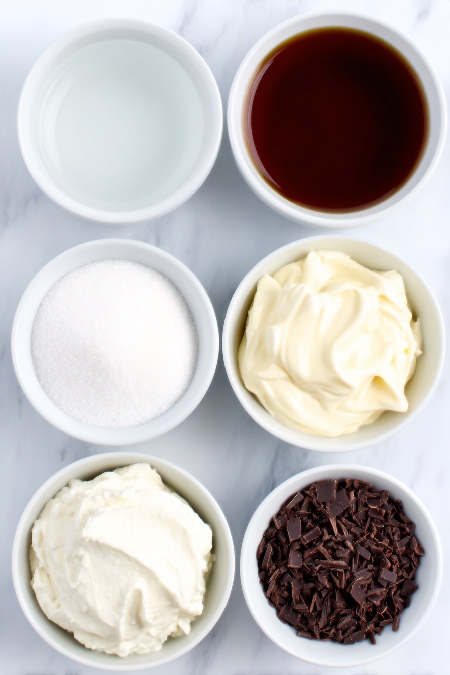 Coffee Mousse, Coffee Mousse Dessert, Easy Coffee Mousse, Creamy Coffee Dessert, Coffee Flavored Treats - Flat lay of a small white ceramic bowl of dark brown instant coffee granules, a small white ceramic bowl of clear water, a small white ceramic bowl filled with fine white granulated sugar, a small white ceramic bowl containing pale beige powdered gelatine, a small white ceramic bowl with clear vanilla extract, a small white ceramic bowl overflowing with cold, thick white whipping cream, and a small white ceramic bowl with dark chocolate shavings, all arranged in perfect symmetry and balanced proportions, placed on a clean white marble surface, soft natural light, photo taken with an iPhone, professional food photography style, fresh ingredients, white ceramic bowls, no bottles, no duplicates, no utensils, no packaging --ar 2:3 --v 7 --p m7354615311229779997