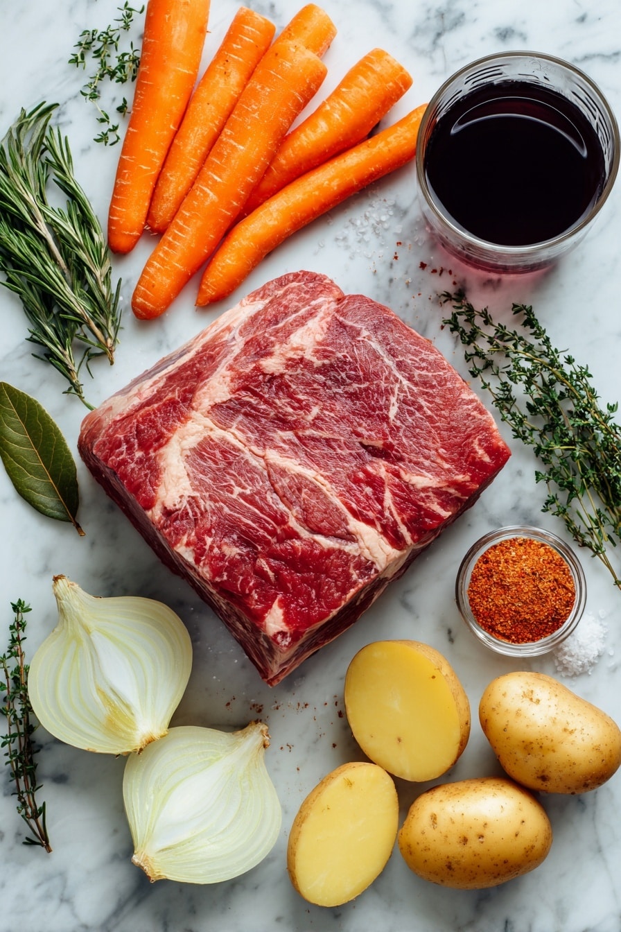 Slow Cooker Pot Roast with Root Vegetables and Herb Gravy, hearty beef stew, easy slow cooker dinner, cozy family meal, flavorful roast with vegetables - Flat lay of a large, raw chuck roast with rich, marbled red and white textures, surrounded by bright orange carrots peeled and halved lengthwise, smooth golden Yukon Gold potatoes quartered, and pale yellow onion halves and wedges showing their soft, layered interior; fresh, green rosemary and thyme sprigs with delicate leaves add contrast, alongside a single glossy dark green bay leaf; a small glass of deep ruby red wine glistens nearby, complemented by a sprinkle of coarse kosher salt crystals and warm red smoked paprika powder scattered softly; all ingredients are beautifully arranged with natural spacing and slight overlaps, placed on white marbled surface, photo taken with an iphone --ar 2:3 --v 7