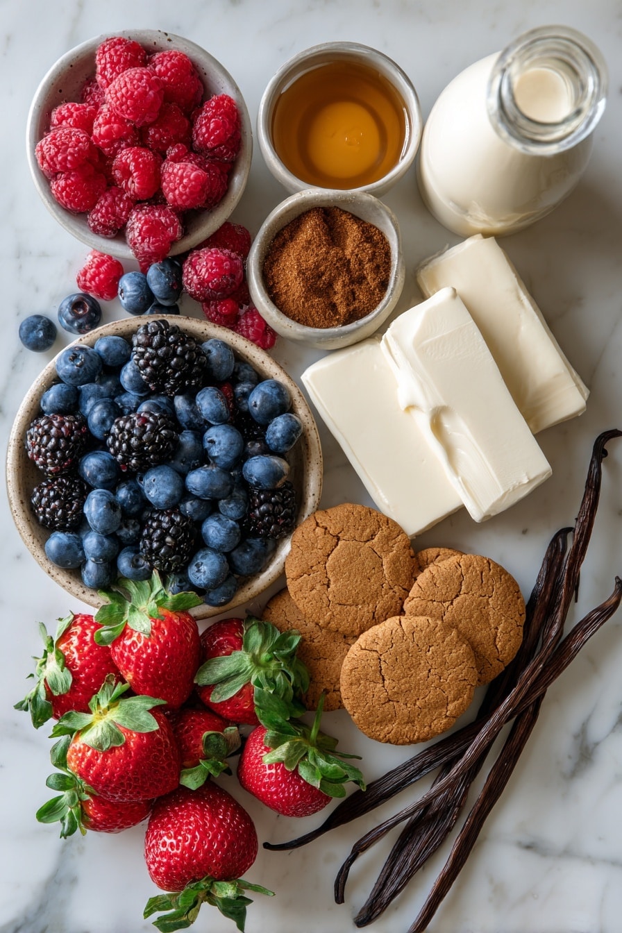 No Bake EggNog Berry Cheesecakes, festive no bake cheesecakes, easy holiday dessert recipe, eggnog cheesecake parfaits, berry cheesecake dessert - Flat lay of fresh mixed berries including bright red raspberries, deep blue blueberries, glossy blackberries, and vibrant strawberries with green leaves, smooth blocks of creamy white cream cheese, a small pile of golden-brown gingerbread cookies with a crunchy texture, light brown melted butter in a soft pool, a small mound of warm brown nutmeg powder, a bottle of creamy pale eggnog with subtle off-white tone, and a vanilla bean pod with rich dark brown color, all beautifully arranged with natural spacing and slight overlaps, placed on white marbled surface, photo taken with an iphone --ar 2:3 --v 7