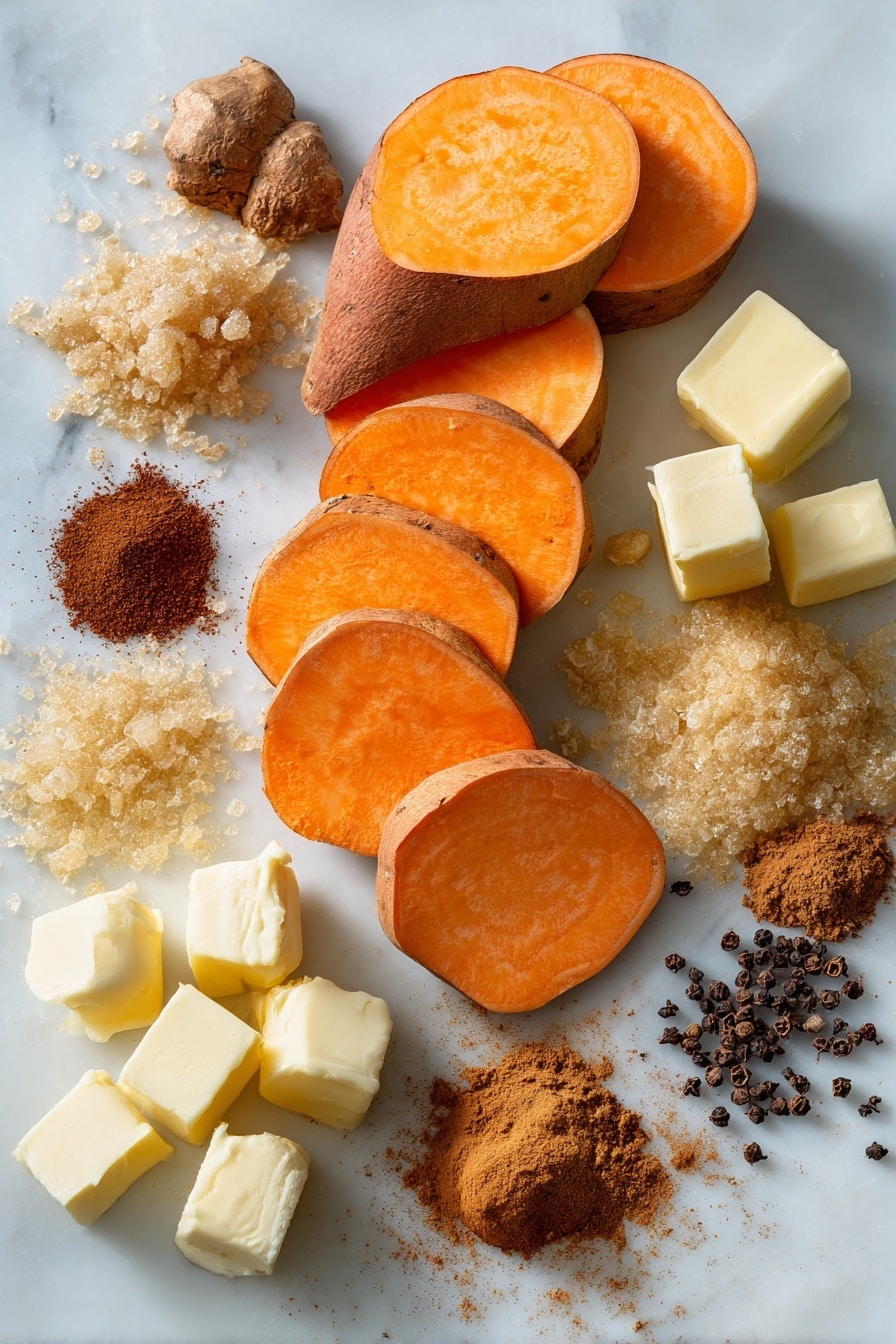 Southern Candied Yams, Soul Food Yams, Candied Yams Recipe, Sweet Potato Side Dish, Holiday Yams - Flat lay of three medium sweet potatoes with vibrant orange flesh, several thick slices neatly cut to show their smooth, moist texture, a few cubes of pale yellow unsalted butter with soft edges, small mounds of golden granulated sugar and rich dark brown sugar crystals shimmering slightly, warm brown ground cinnamon and reddish-brown ground nutmeg forming gentle piles, a light dusting of finely ground ginger powder in soft beige tones, and a few tiny heaps of deep brown ground cloves, all carefully spaced and naturally scattered with slight overlaps to create depth, placed on white marbled surface, photo taken with an iphone --ar 2:3 --v 7