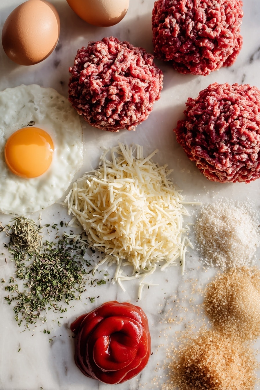 Crockpot Meatloaf with Parmesan and Sweet Glaze, slow cooker meatloaf, easy meatloaf recipe, savory Parmesan meatloaf, sweet glaze meatloaf - Flat lay of fresh ground beef and ground pork in neat mounds showing their rich red and pink colors and coarse texture, a small pile of shredded pale yellow Parmesan cheese with fine strands, two smooth brown eggs, a handful of dried golden brown bread crumbs, a small bunch of dried green Italian seasoning herbs, a small pile of fine light beige onion powder, a vibrant red dollop of ketchup with a glossy surface, and some golden brown granulated brown sugar crystals, all beautifully arranged with natural spacing and soft shadows, placed on white marbled surface, photo taken with an iphone --ar 2:3 --v 7