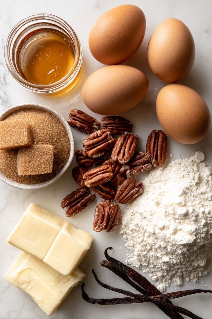 Maple Pecan Blondies, Maple Pecan Blondies recipe, how to make blondies, easy blondie desserts, nutty maple blondies - Flat lay of glossy golden maple syrup in a small glass jar, rich brown packed brown sugar with a slightly coarse texture, smooth pale yellow unsalted butter, a cluster of raw light brown pecans with textured shells and some chopped pecan pieces scattered loosely, two large fresh brown eggs with smooth shells, a small vanilla bean pod with its dark brown wrinkled surface, and a mound of soft off-white all-purpose flour, all beautifully arranged with natural spacing and gentle shadows, placed on white marbled surface, photo taken with an iphone --ar 2:3 --v 7