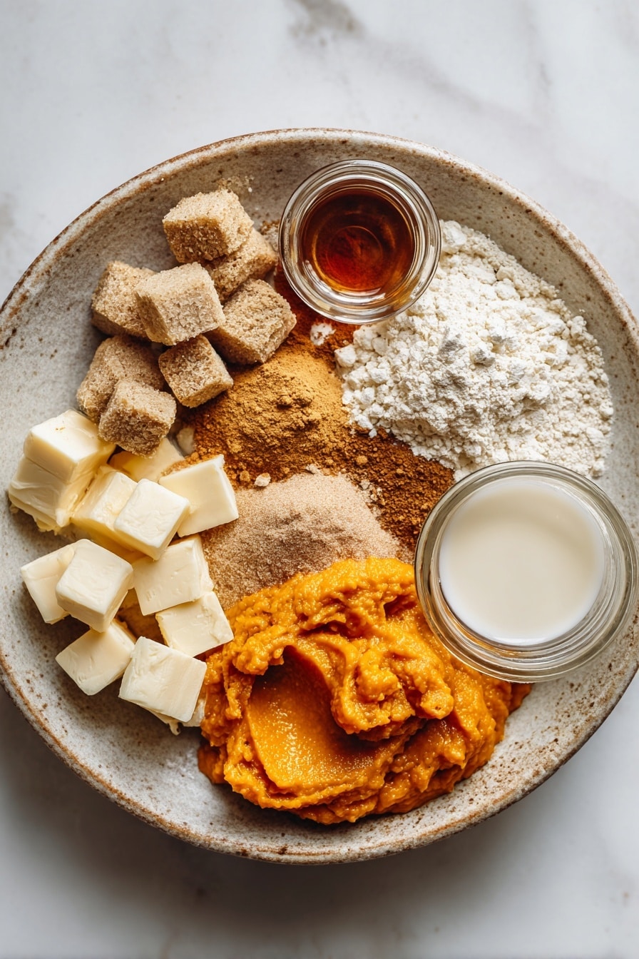 Starbucks Copycat Vegan Pumpkin Scones, vegan pumpkin scones, fall breakfast ideas, dairy-free pumpkin scones, vegan baking recipes - Flat lay of vibrant orange pumpkin puree in a rustic bowl, warm brown packed brown sugar crystals, a small pile of golden vegan butter cubes with a soft texture, a heap of light beige all-purpose flour dusted lightly, a scattering of mixed warm-toned pumpkin pie spice powders in shades of cinnamon brown and nutmeg tan, glossy deep amber pure vanilla extract in a tiny glass vial, creamy white unsweetened applesauce with a smooth texture, and a splash of pale almond milk in a clear small jar, all beautifully arranged in a natural, loose cluster with soft shadows and gentle highlights, placed on white marbled surface, photo taken with an iphone --ar 2:3 --v 7