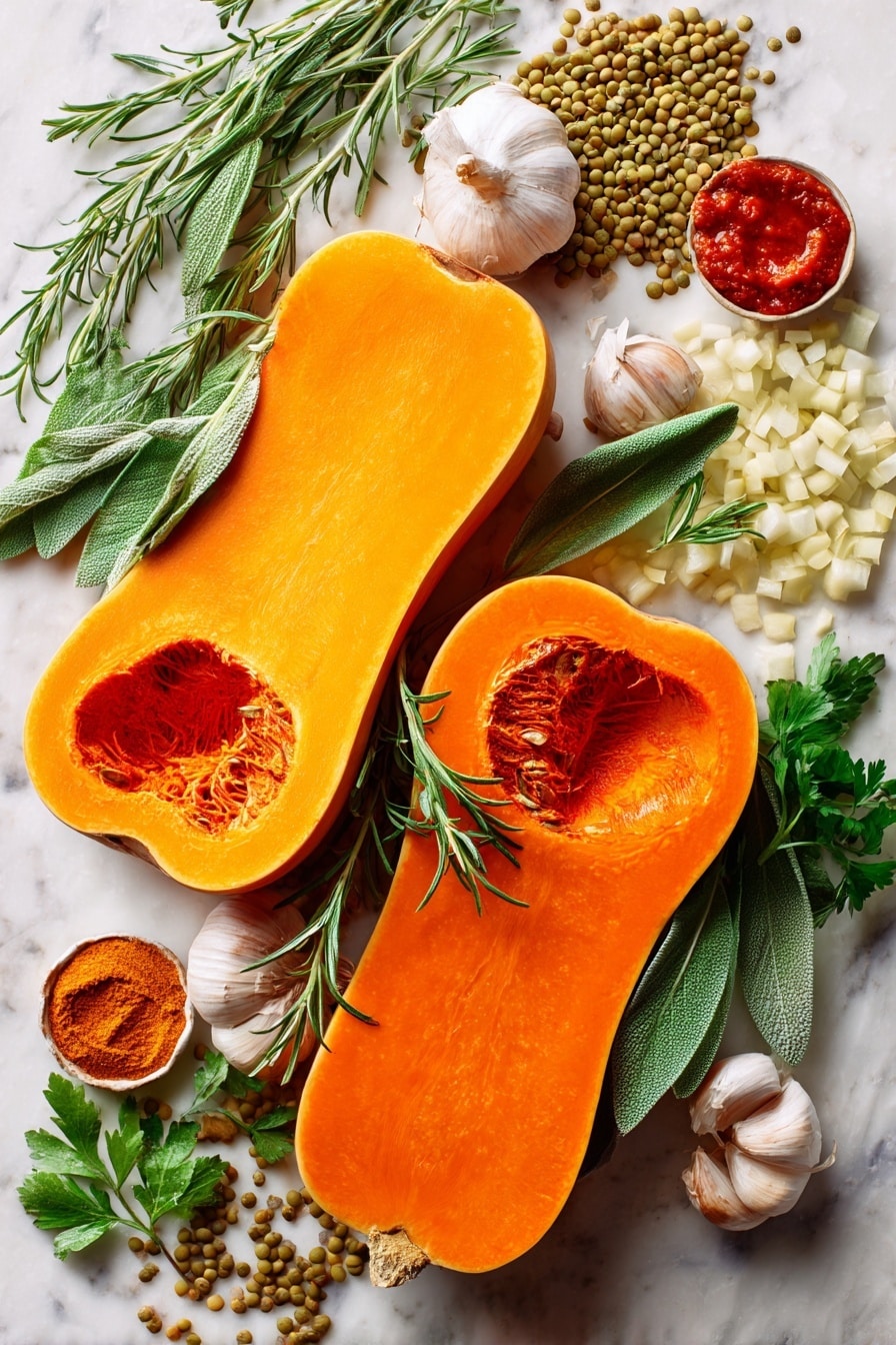 Creamy Lentil Stuffed Butternut Squash with Tahini Sauce, roasted butternut squash with lentils, plant-based stuffed butternut squash, healthy lentil stuffed squash, easy vegan butternut squash recipe - Flat lay of vibrant orange halved butternut squash with smooth, glossy skin and bright, fleshy interiors, scattered fresh green sage leaves with soft textured blades, sprigs of rosemary showing tiny needle-like leaves in deep green, diced golden yellow onions with crisp edges, peeled cloves of white garlic with smooth surfaces, rich red tomato paste in a small dollop, earthy green-brown dry lentils with a matte finish, small bunch of bright Italian flat-leaf parsley with delicate leaves, and a few fresh glossy bay leaves displaying their elongated shape, all beautifully arranged with natural shadows and highlights, placed on white marbled surface, photo taken with an iphone --ar 2:3 --v 7