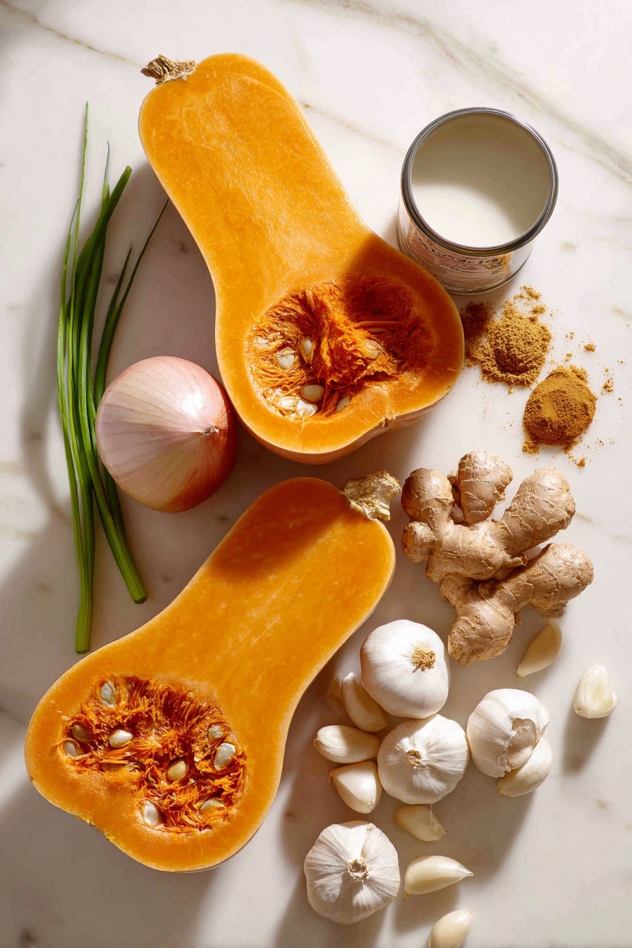 Vegan Butternut Squash Soup, vegan butternut squash soup, plant-based butternut squash soup, healthy vegan squash soup, easy vegan soup recipes - Flat lay of a large vibrant orange butternut squash cut in half showing smooth flesh and seeds, a small sweet onion with pale purple layers, several cloves of glossy white garlic, a small pile of light brown ground nutmeg powder, a heap of warm golden ground ginger powder, a few shiny maple syrup droplets glistening, fresh green sprigs of ginger root with textured skin, and a small open can of creamy white coconut milk, all beautifully arranged with natural spacing and gentle shadows, placed on white marbled surface, photo taken with an iphone --ar 2:3 --v 7