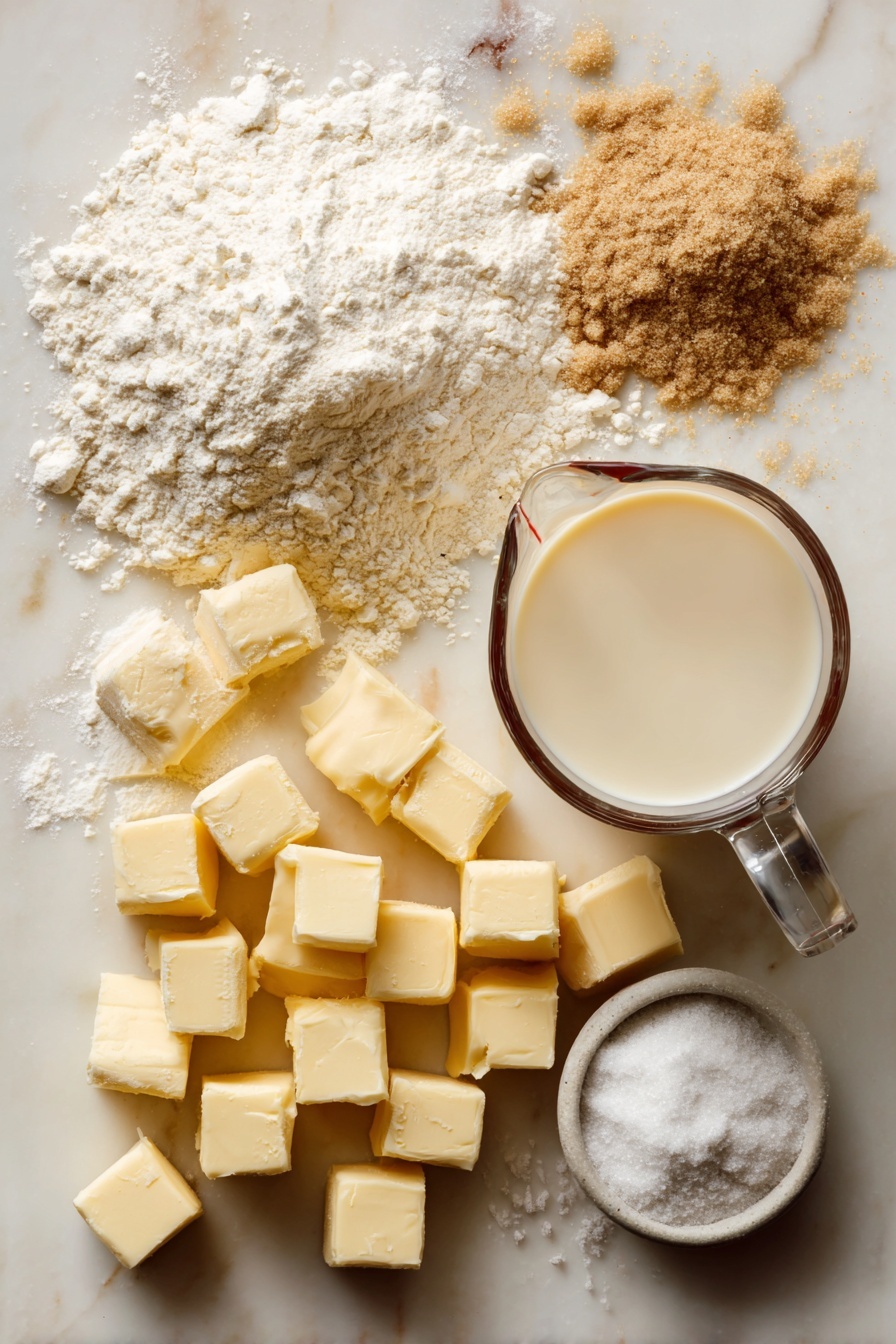 Southern-Style Vegan Buttermilk Biscuits, vegan biscuit recipe, dairy-free Southern biscuits, flaky vegan biscuits, plant-based biscuit recipe - Flat lay of cold pale yellow vegan butter cut into small cubes, a glass measuring cup filled with creamy off-white soy milk mixed with golden apple cider vinegar, a neat pile of fine white all-purpose flour, a small heap of light brown granulated sugar, scattered white baking powder, a few pinches of fine white salt crystals, all arranged naturally with some flour dust lightly spread around, placed on white marbled surface, photo taken with an iphone --ar 2:3 --v 7