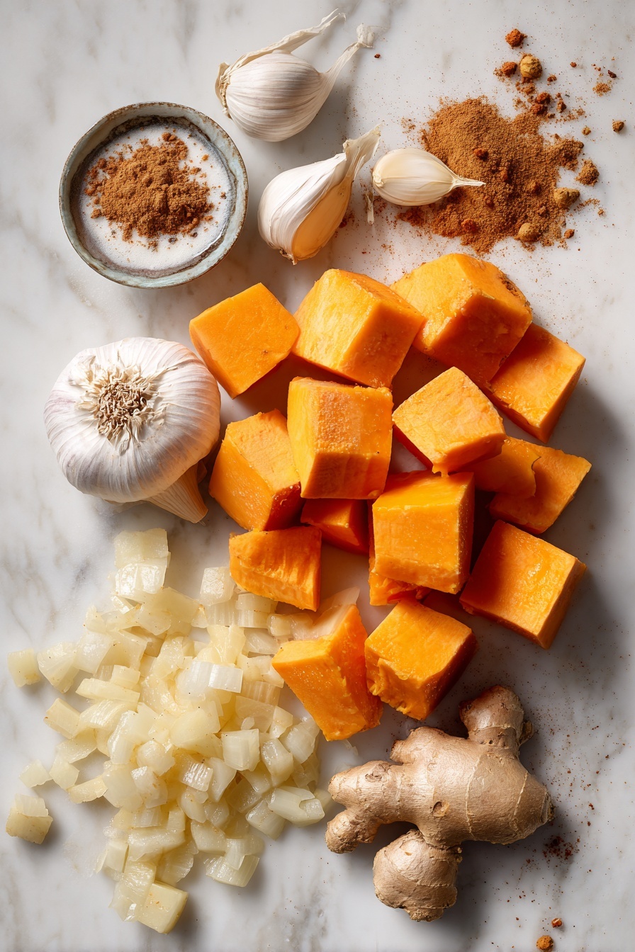 Butternut Squash and Sweet Potato Soup, creamy veggie soup, cozy fall soup, healthy winter soup, easy vegetable soup - Flat lay of vibrant cubed butternut squash with its warm orange color and smooth texture, bright orange peeled sweet potato chunks, a cluster of shiny golden sweet onions diced, several cloves of plump garlic with papery white skins, fresh pale beige ginger root with knobby texture, small heap of ground cinnamon and nutmeg powders showing soft brown hues, and a small swirl of creamy white coconut milk, all naturally arranged with some scattered whole spices and fresh ginger slices for contrast, placed on white marbled surface, photo taken with an iphone --ar 2:3 --v 7