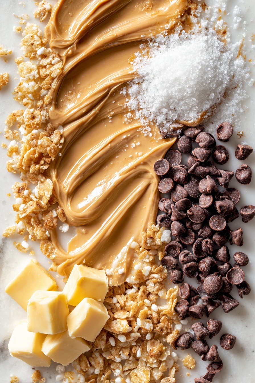 Vegan Chocolate Peanut Butter Balls, vegan peanut butter treats, dairy-free chocolate snacks, easy vegan dessert, healthy vegan candy - Flat lay of creamy light brown peanut butter swirled softly beside smooth, pale yellow vegan butter chunks, fine white powdered sugar dusted gently near crispy golden Rice Krispies cereal clusters, shiny dark vegan chocolate chips scattered loosely with a glossy texture, and small glistening blobs of refined coconut oil gleaming softly, all beautifully arranged with balanced spacing and natural flow, placed on white marbled surface, photo taken with an iphone --ar 2:3 --v 7