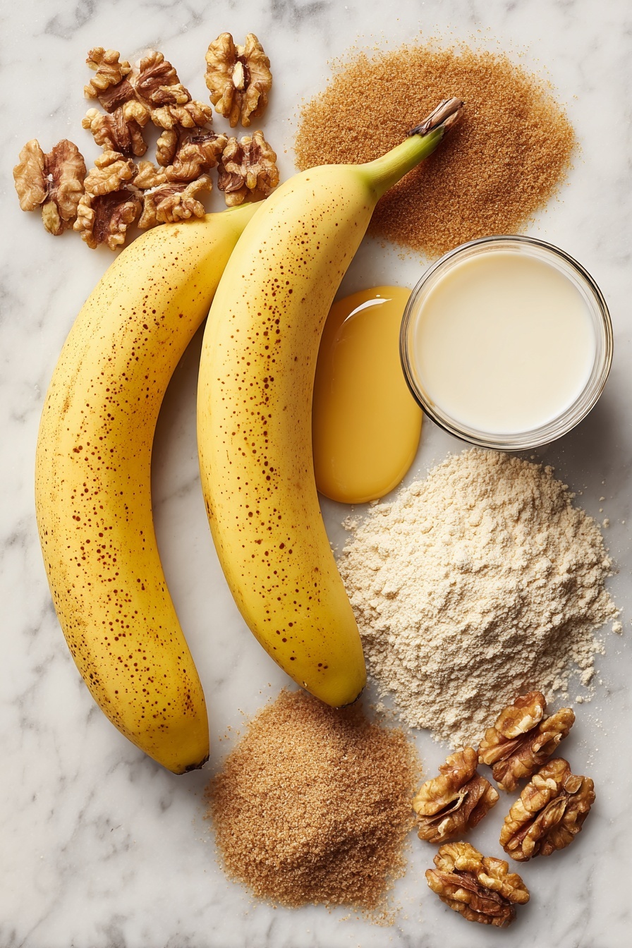 Best Vegan Banana Bread, vegan banana bread recipe, moist banana bread, plant-based banana bread, easy vegan banana bread - Flat lay of two large ripe bananas with bright yellow skins and brown speckles, a small pile of rich brown chopped walnuts with textured surfaces, a mound of fine light brown granulated sugar, a smooth pool of golden melted vegan butter, a neat heap of light beige ground flaxseed powder, a small glass of creamy white almond milk, a scattering of warm tan all-purpose flour with soft powdery texture, and a sprinkle of fine brown fresh ground nutmeg, all naturally arranged with some ingredients slightly overlapping, placed on white marbled surface, photo taken with an iphone --ar 2:3 --v 7