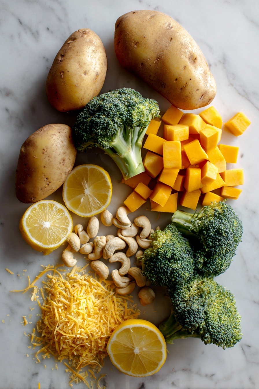 Vegan Cheesy Broccoli Twice Baked Potatoes, vegan potato recipes, plant-based stuffed potatoes, dairy-free cheesy potatoes, healthy vegan potato dishes - Flat lay of large russet potatoes with their rough, light brown skins, vibrant green broccoli florets with delicate buds, bright orange butternut squash cubes with smooth edges, creamy raw cashews in a small pile showing their pale, curved shapes, golden yellow non-dairy cheddar cheese shreds with a slightly crumbly texture, fresh lemon wedges with bright yellow rinds and juicy interiors, and scattered nutritional yeast flakes that have a light, flaky texture, all beautifully arranged in a natural, slightly overlapping pattern placed on white marbled surface, photo taken with an iphone --ar 2:3 --v 7