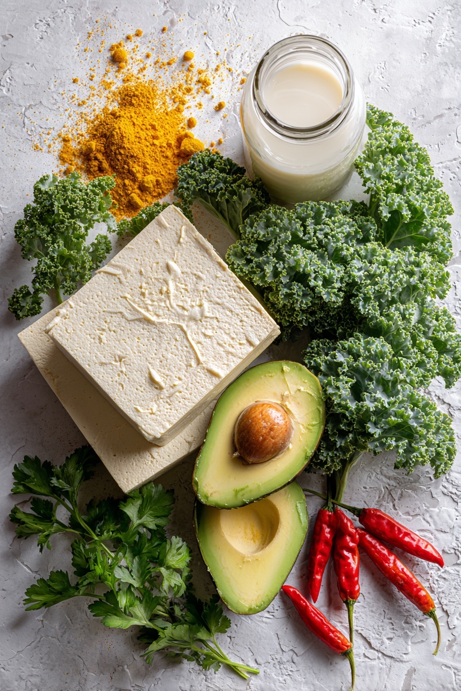 The Best Tofu Scramble, vegan breakfast recipes, healthy tofu scramble, easy plant-based breakfast, protein-packed tofu scramble - Flat lay of a firm block of creamy white tofu, bright golden turmeric powder sprinkled nearby, vivid yellow nutritional yeast flakes, fresh green curly kale leaves, deep green parsley sprigs, a ripe avocado sliced to show its smooth pale green flesh, small clusters of red chili peppers, and a glass jar of milky white unsweetened non-dairy milk, all beautifully arranged with contrasting colors and textures in a natural, slightly scattered pattern, placed on white marbled surface, photo taken with an iphone --ar 2:3 --v 7