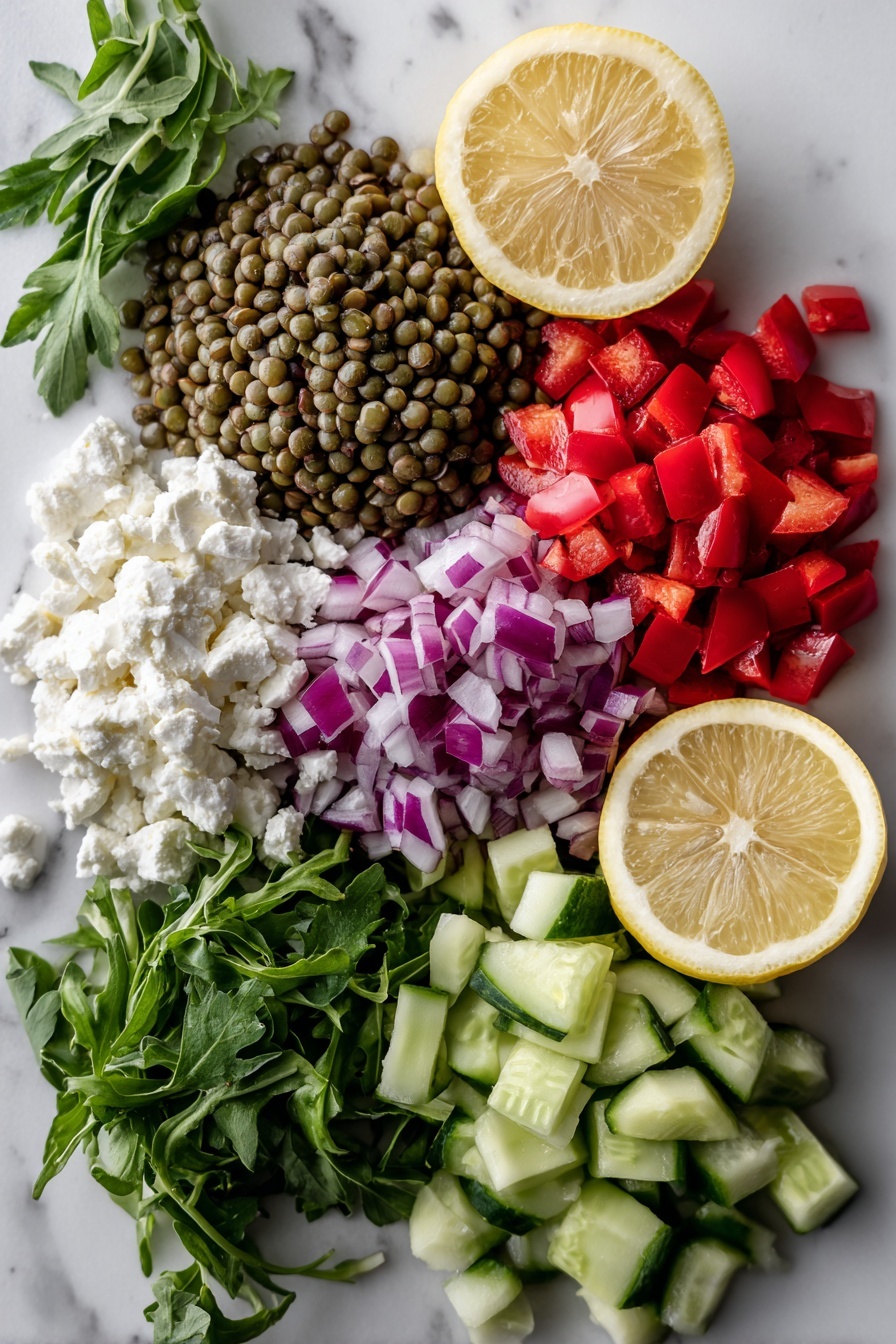 The Best Lentil Salad, healthy lentil salad, easy lentil salad, vegan lentil salad, flavorful lentil salad - Flat lay of fresh green lentils with their small round shapes and muted earth tones, vibrant diced red bell pepper pieces with glossy red skin, crisp diced English cucumber showing pale green and white juicy flesh, small diced red onion chunks with deep purple hues and papery layers, bright green chopped parsley leaves with delicate textures, creamy white crumbled vegan feta cheese with crumbly texture, fresh arugula leaves with dark green jagged edges, and a whole lemon cut in half revealing bright yellow juicy segments, all beautifully arranged with natural spacing and balance, placed on white marbled surface, photo taken with an iphone --ar 2:3 --v 7