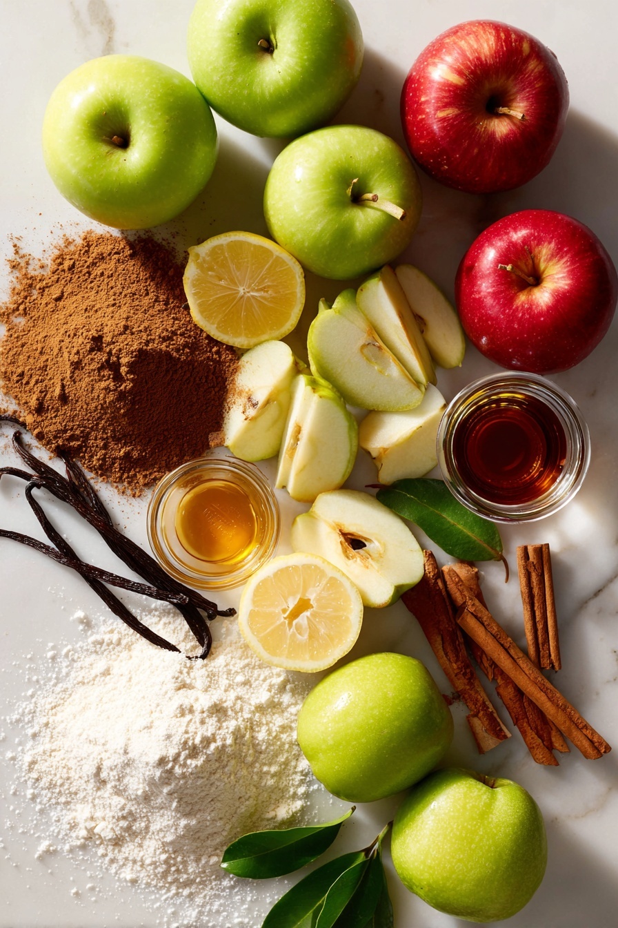 Perfect Vegan Apple Pie, vegan apple pie, plant-based apple dessert, vegan pie recipe, dairy-free apple pie - Flat lay of a variety of fresh apples including bright green Granny Smiths and warm red Honeycrisps, some whole and some sliced to show their crisp texture, beside a small pile of golden vegan butter with a smooth, creamy look, a heap of ground cinnamon in rich brown powder form, scattered vanilla beans and a small glass jar of pure vanilla extract with a dark amber liquid inside, fresh lemon halves with bright yellow flesh and glossy green leaves, a neat mound of white granulated sugar sparkling softly in natural light, and a small pile of all-purpose flour with its fine, powdery texture, all beautifully arranged and contrasting on a clean white marbled surface, photo taken with an iphone --ar 2:3 --v 7