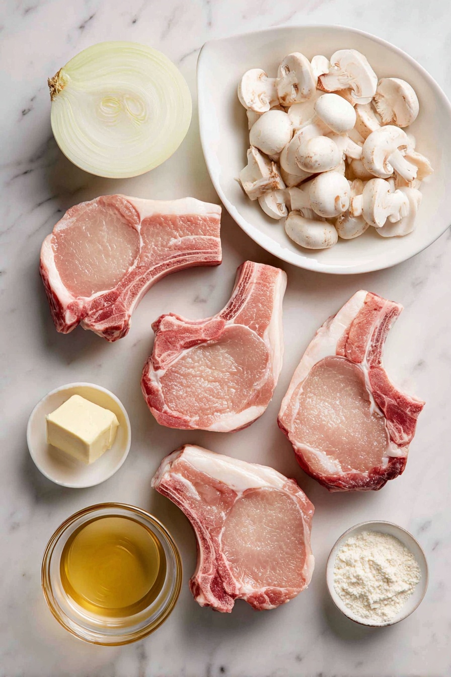 Easy Smothered Pork Chops, tender pork chops with gravy, savory pork chop dinner, cozy comfort food recipes, simple pork chop recipes - Flat lay of four thick bone-in pork chops, a large halved white onion sliced, a handful of sliced white mushrooms, a small pat of butter, a few cloves of minced garlic, a drizzle of olive oil in a small dish, a small mound of all-purpose flour, and a clear glass with chicken broth, placed on a white marble surface, photo taken with an iphone --ar 2:3 --v 7