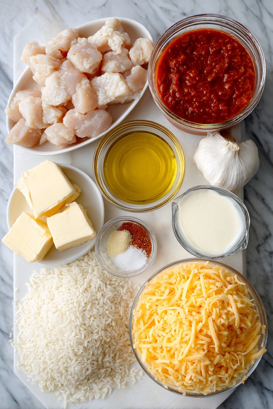 One Pot Queso Chicken and Rice, cheesy chicken and rice skillet, creamy queso chicken recipe, easy one pot dinner, quick weeknight chicken recipes - Flat lay of a small pile of cubed raw chicken breast, two tablespoons of golden olive oil in a small glass dish, a few pats of salted butter, one small diced yellow onion, a mound of long grain white rice, three peeled garlic cloves finely minced, a clear jar filled with red salsa, a small heap of ground cumin and chili powder, a small jug of creamy heavy cream, and two generous piles of shredded cheddar cheese, placed on a white marble surface, photo taken with an iphone --ar 2:3 --v 7