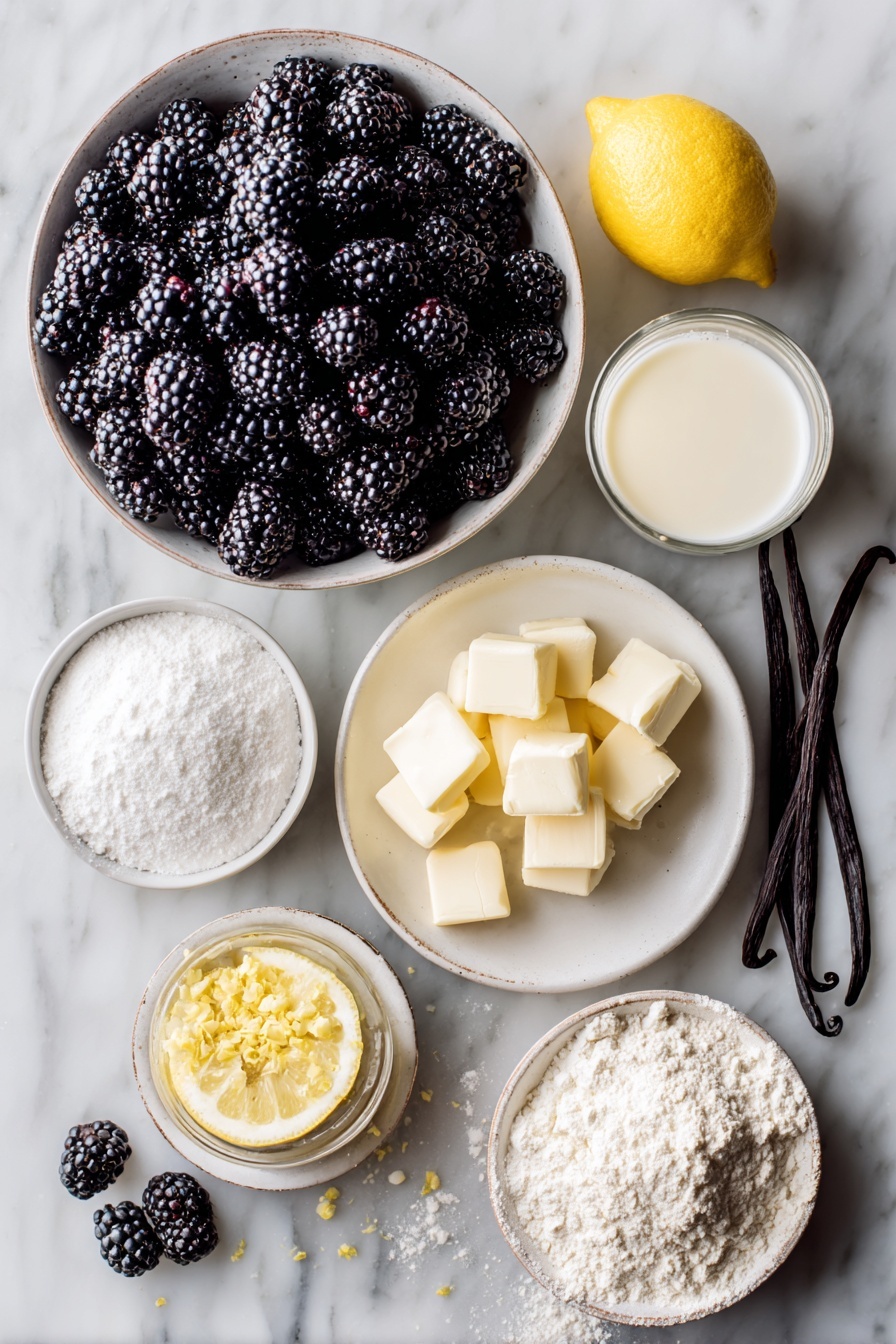 Old Fashioned Blackberry Cobbler, Blackberry Cobbler dessert, easy blackberry cobbler recipe, seasonal blackberry dessert, fruity cobbler recipe - Flat lay of a large bowl overflowing with fresh blackberries, a lemon cut in half with zest sprinkled nearby, a small mound of white granulated sugar, a tiny bowl of cornstarch, a stick of cold butter diced into cubes, a small bowl of all-purpose flour next to powdered sugar dusted lightly around it, a glass of creamy half and half, and a few vanilla beans and baking powder scattered artistically, placed on a white marble surface, photo taken with an iphone --ar 2:3 --v 7