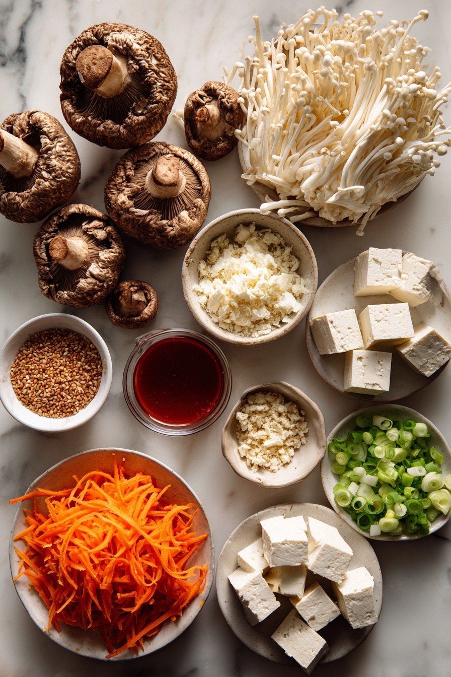 Easy Vegan Ramen, vegan ramen recipe, plant-based ramen, healthy vegan noodle soup, vegetarian ramen bowls - Flat lay of fresh shiitake mushrooms with their textured caps, bright orange shredded carrots in a neat pile, thinly sliced scallions showing their vibrant green and white layers, small mounds of finely grated ginger and minced garlic, scattered toasted sesame seeds sparkling, firm cubes of extra-firm tofu with a creamy white color, and a small bowl of deep red sriracha sauce, all beautifully arranged on a white marble surface, photo taken with an iphone --ar 2:3 --v 7