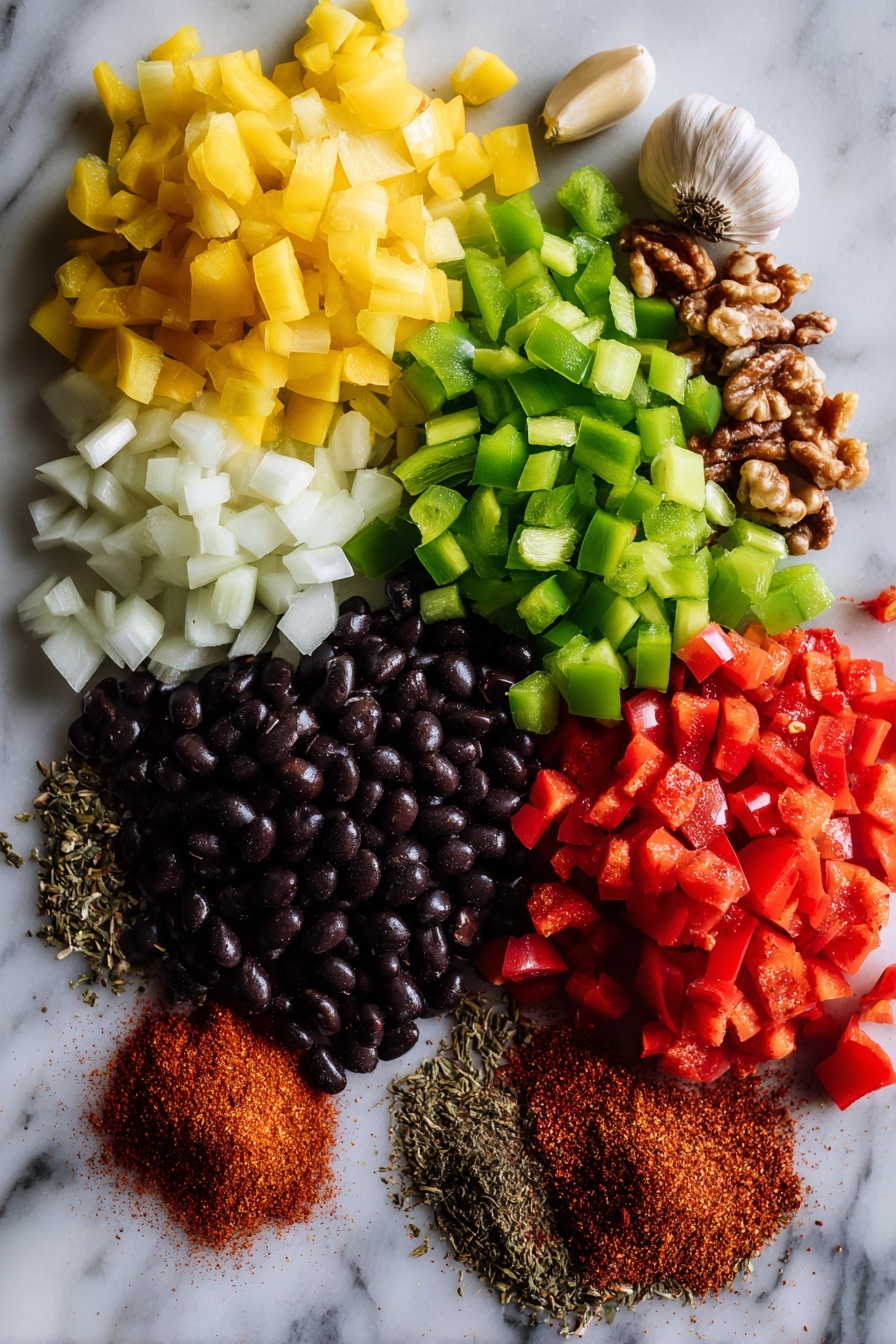 Lentil Chili, healthy lentil chili, vegetarian chili, vegan chili recipe, easy lentil chili - Flat lay of vibrant diced yellow onion, bright green bell pepper pieces, whole garlic cloves, deep red crushed tomatoes in a small pile, dry red lentils scattered, shiny black beans grouped together, rustic chopped walnuts, and a small heap of chili powder with cumin and smoked paprika mixed nearby, arranged beautifully on a white marble surface, photo taken with an iphone --ar 2:3 --v 7